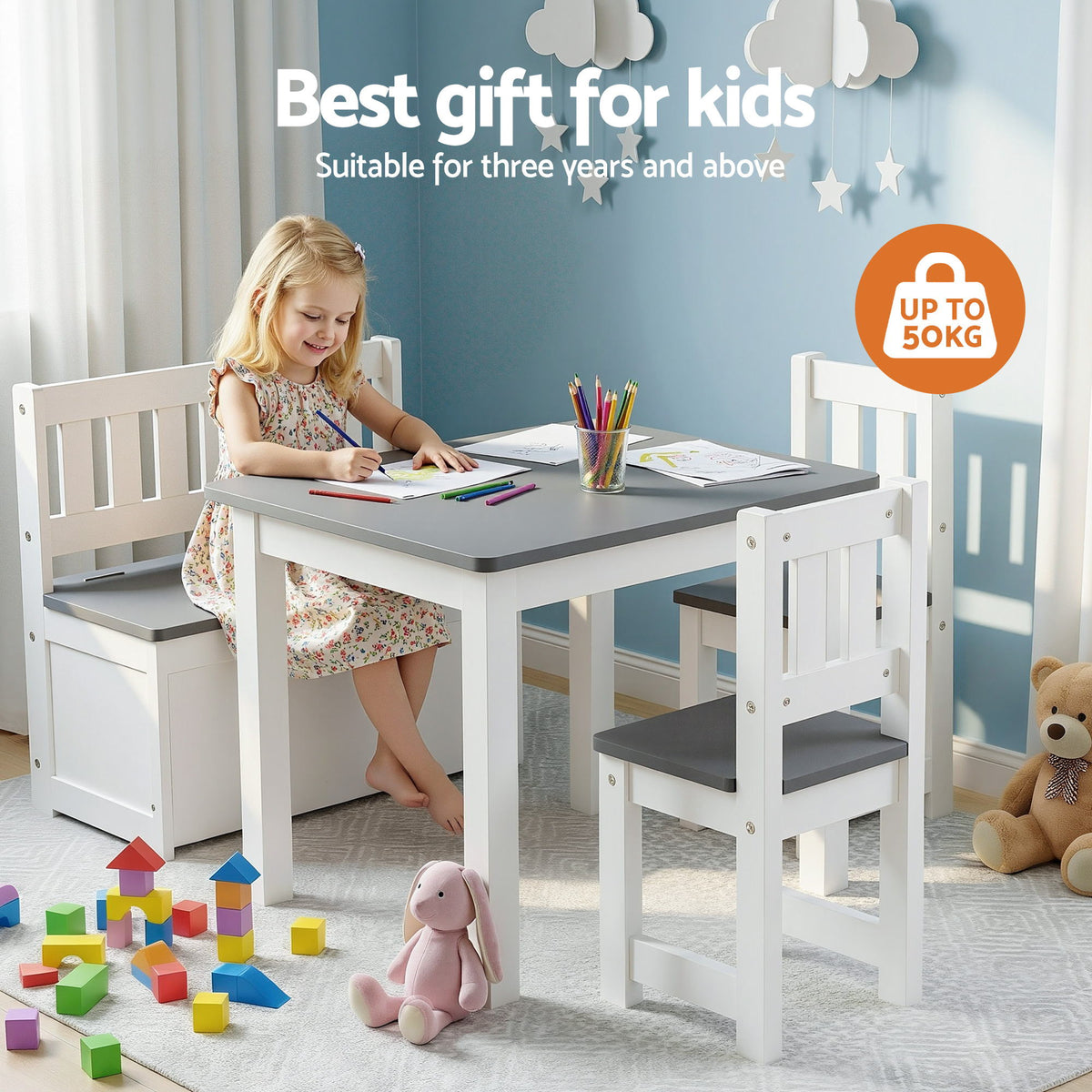 Keezi 2 in 1 Kids Table and Chair Set with Storage Bench and 2 Chairs Grey