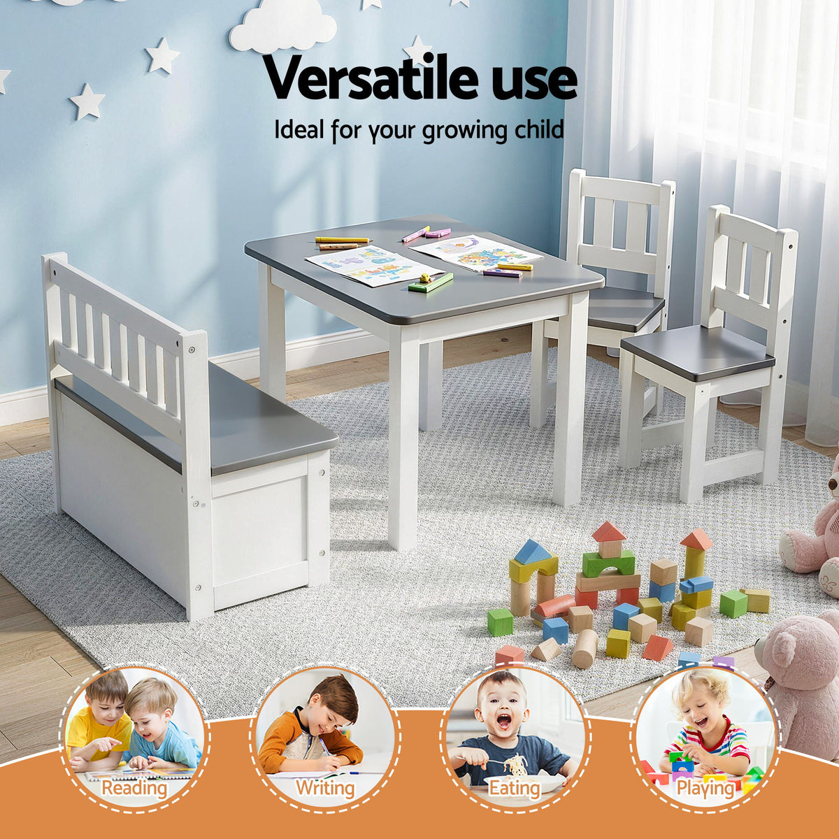 Keezi 2 in 1 Kids Table and Chair Set with Storage Bench and 2 Chairs Grey