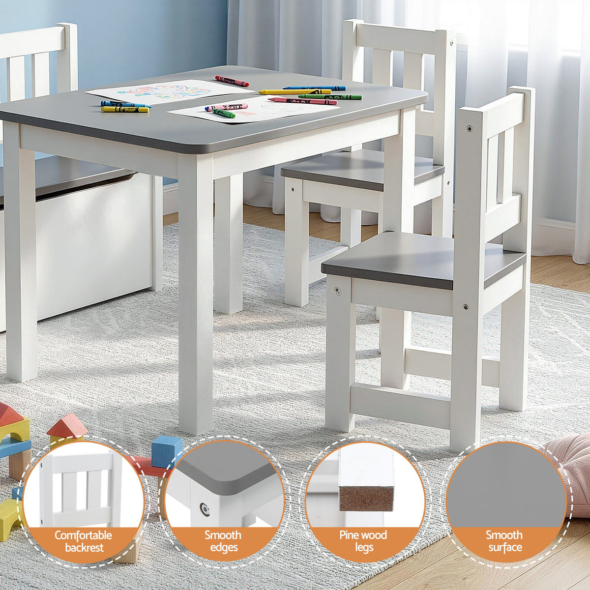 Keezi 2 in 1 Kids Table and Chair Set with Storage Bench and 2 Chairs Grey