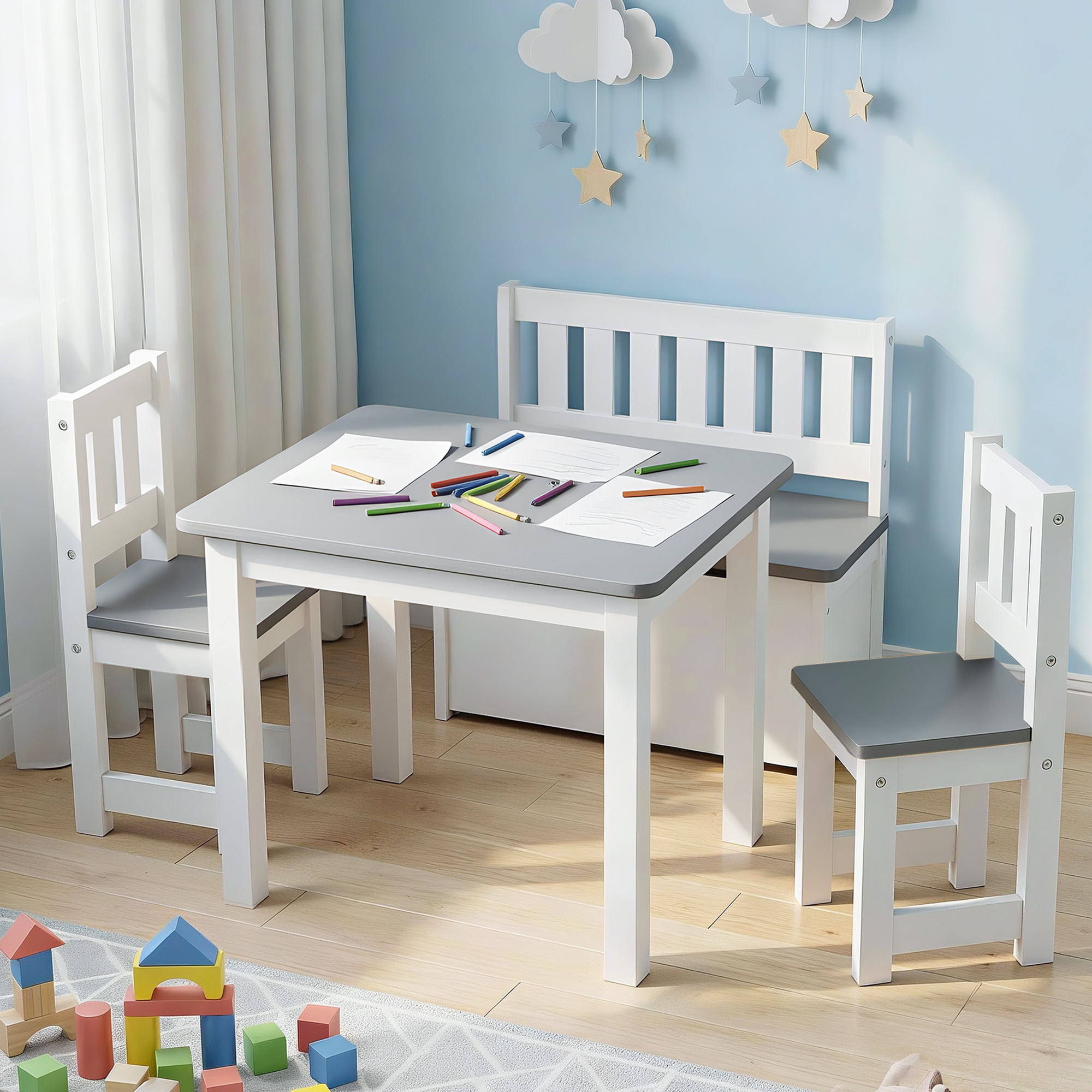 Keezi 2 in 1 Kids Table and Chair Set with Storage Bench and 2 Chairs Grey
