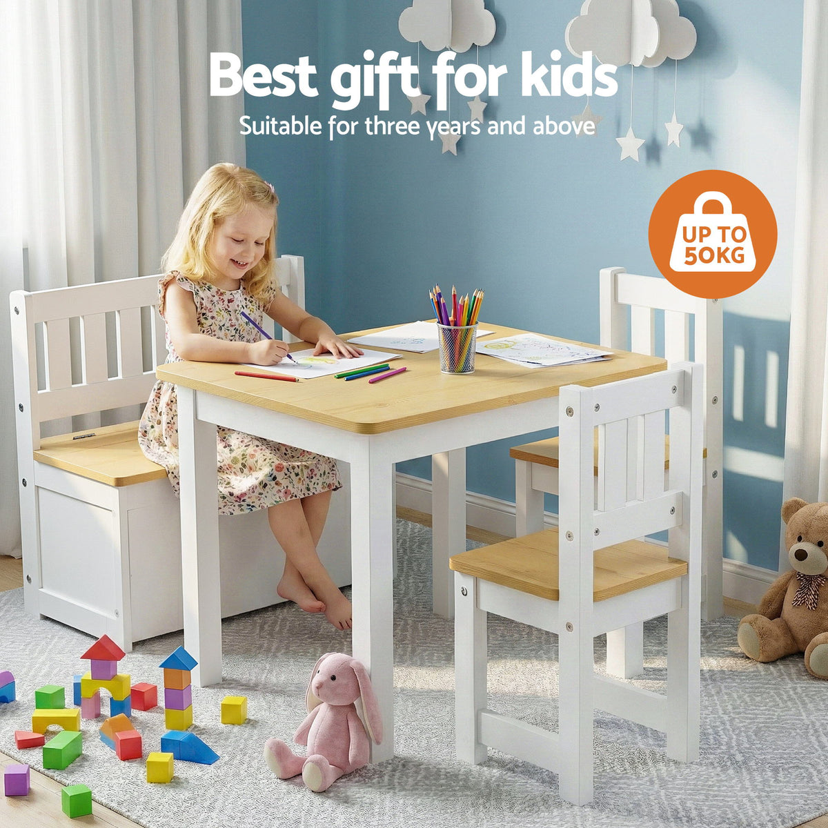 Keezi 2 in 1 Kids Table and Chair Set with Storage Bench and 2 Chairs Natural