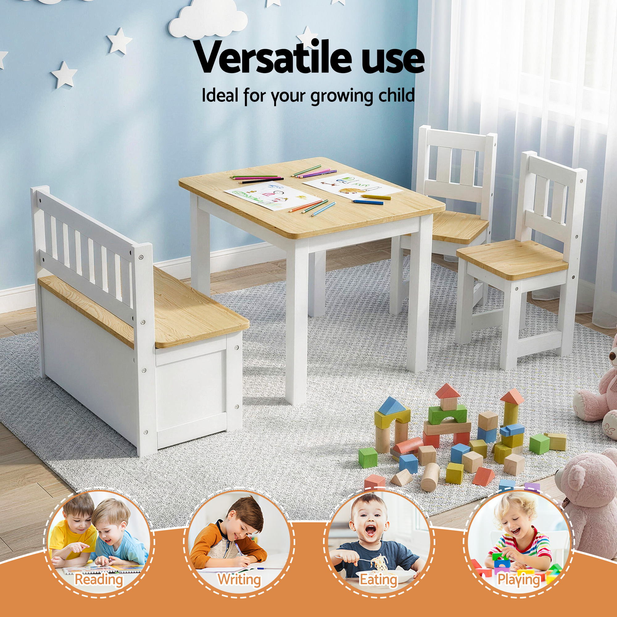 Keezi 2 in 1 Kids Table and Chair Set with Storage Bench and 2 Chairs Natural