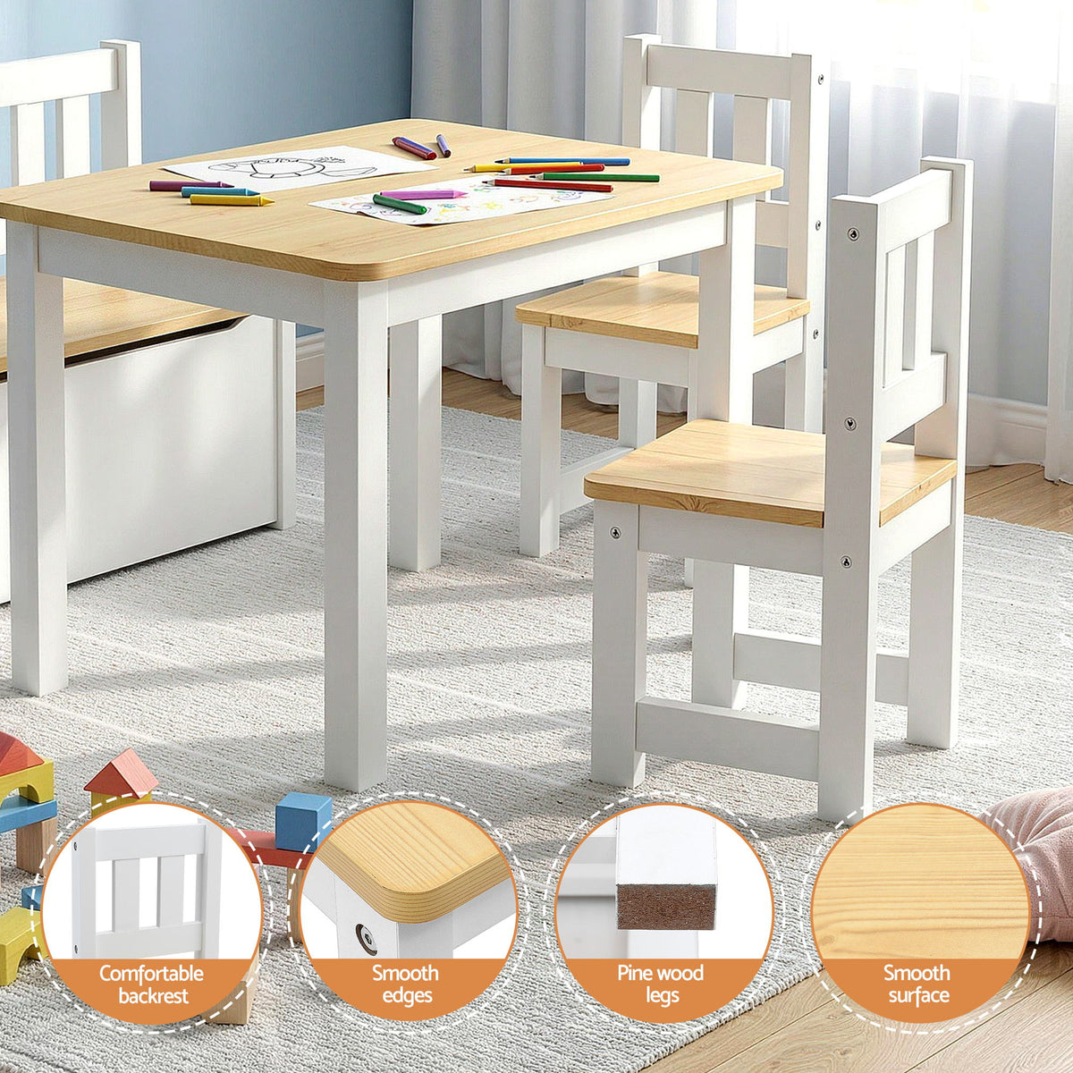 Keezi 2 in 1 Kids Table and Chair Set with Storage Bench and 2 Chairs Natural
