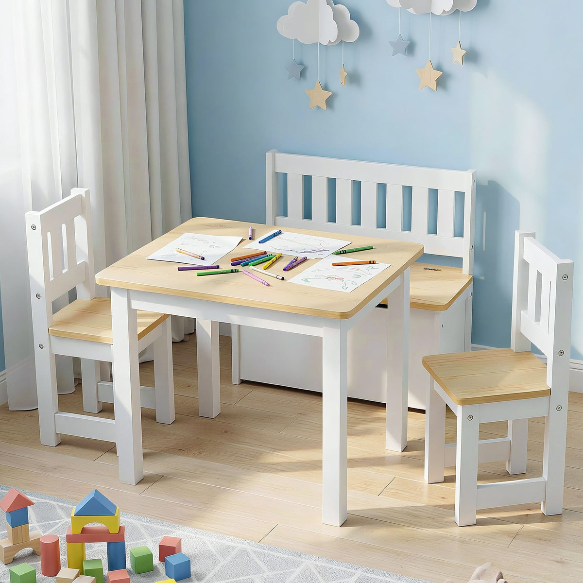 Keezi 2 in 1 Kids Table and Chair Set with Storage Bench and 2 Chairs Natural