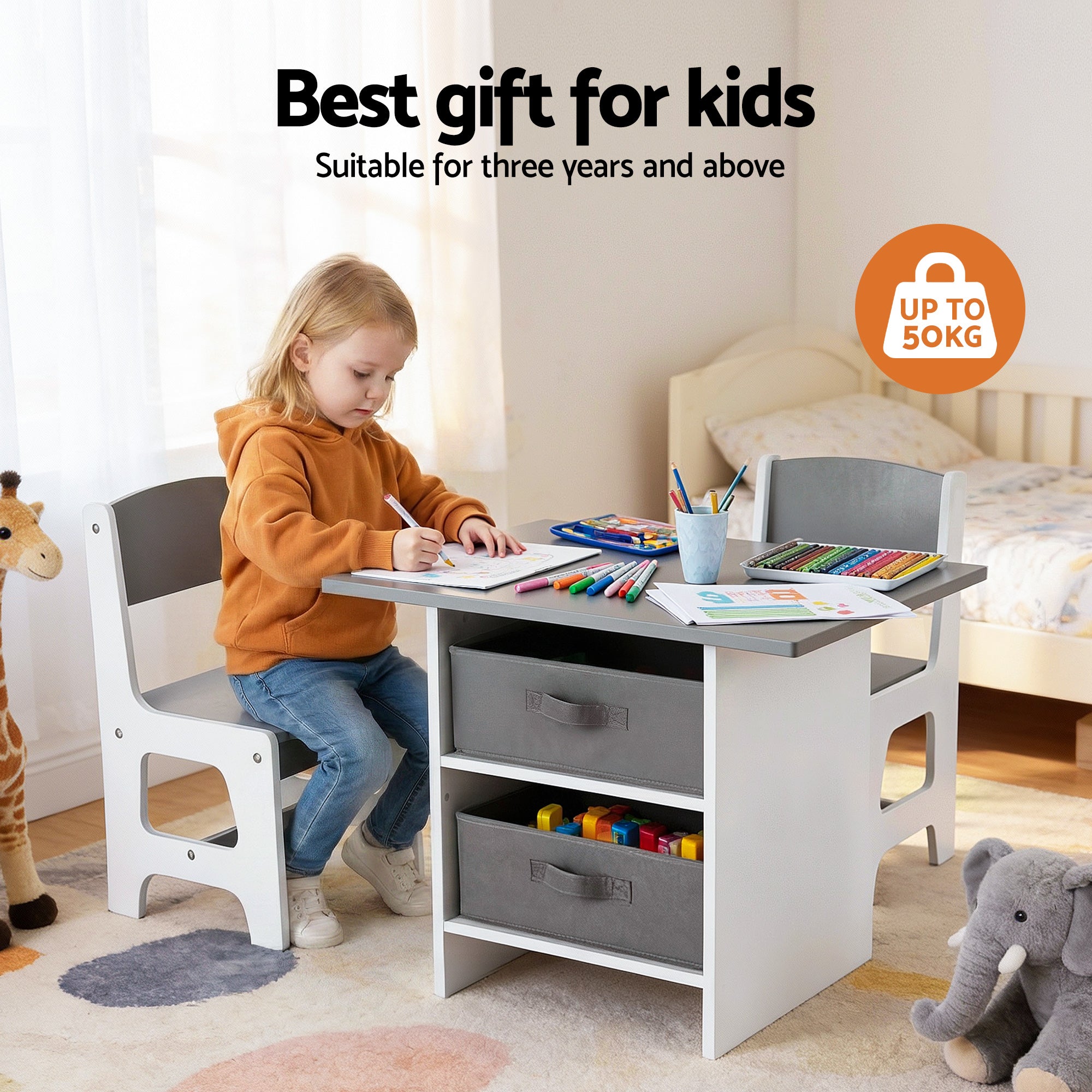 Keezi Kids Table and 2 Chairs Set Wooden Activity Table with 2 Storage Drawers for Children