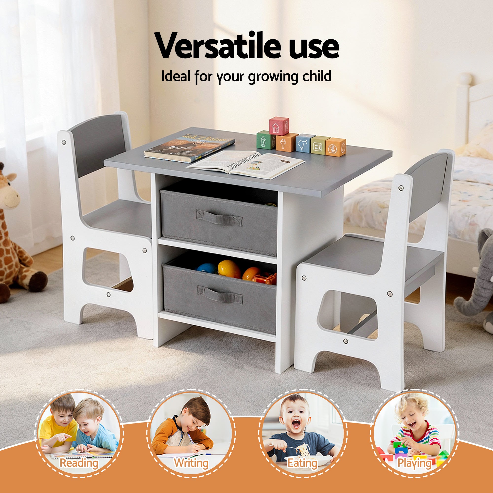 Keezi Kids Table and 2 Chairs Set Wooden Activity Table with 2 Storage Drawers for Children