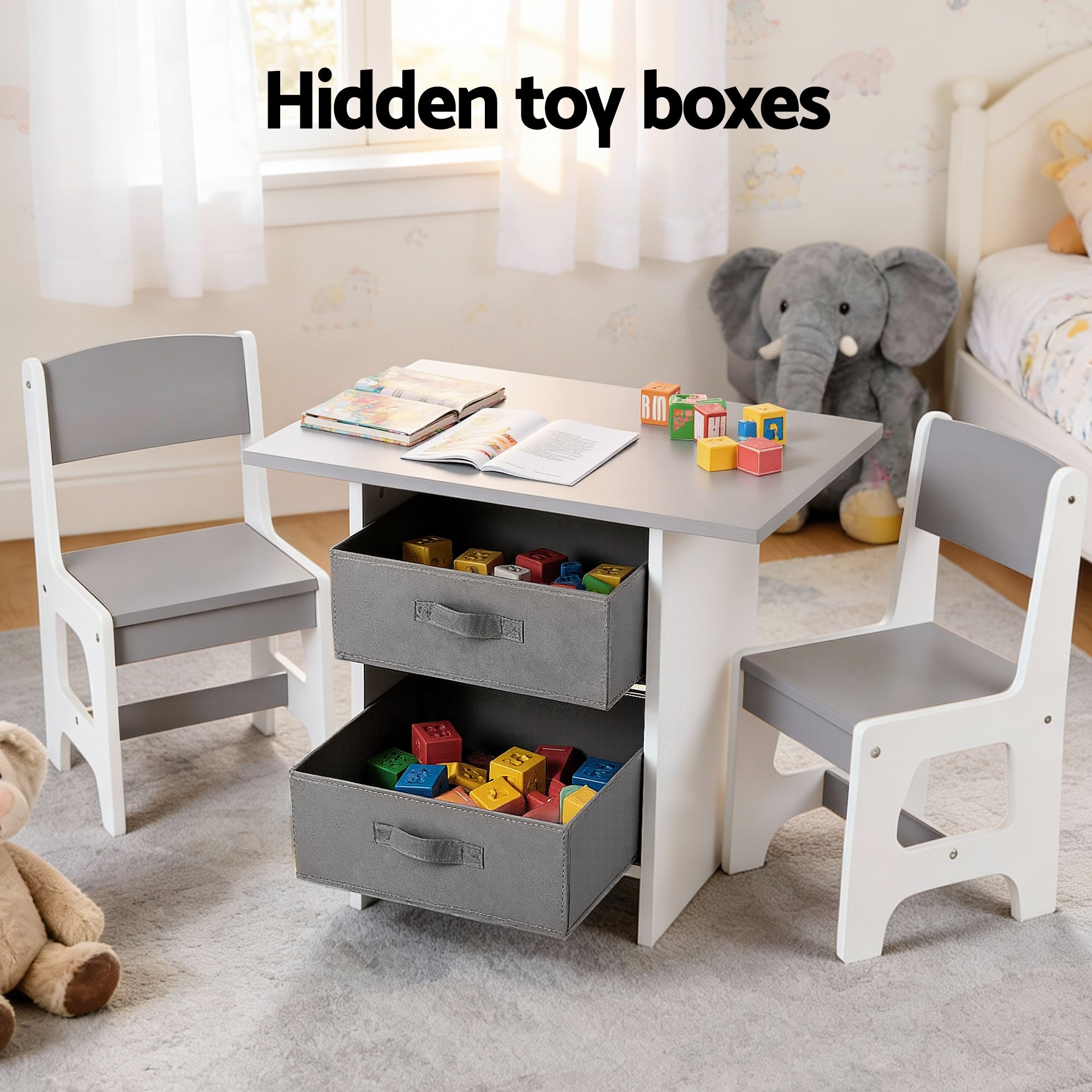 Keezi Kids Table and 2 Chairs Set Wooden Activity Table with 2 Storage Drawers for Children