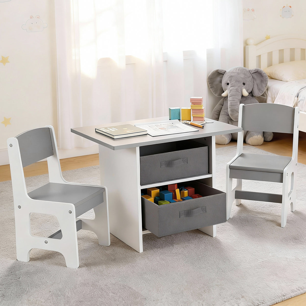 Keezi Kids Table and 2 Chairs Set Wooden Activity Table with 2 Storage Drawers for Children