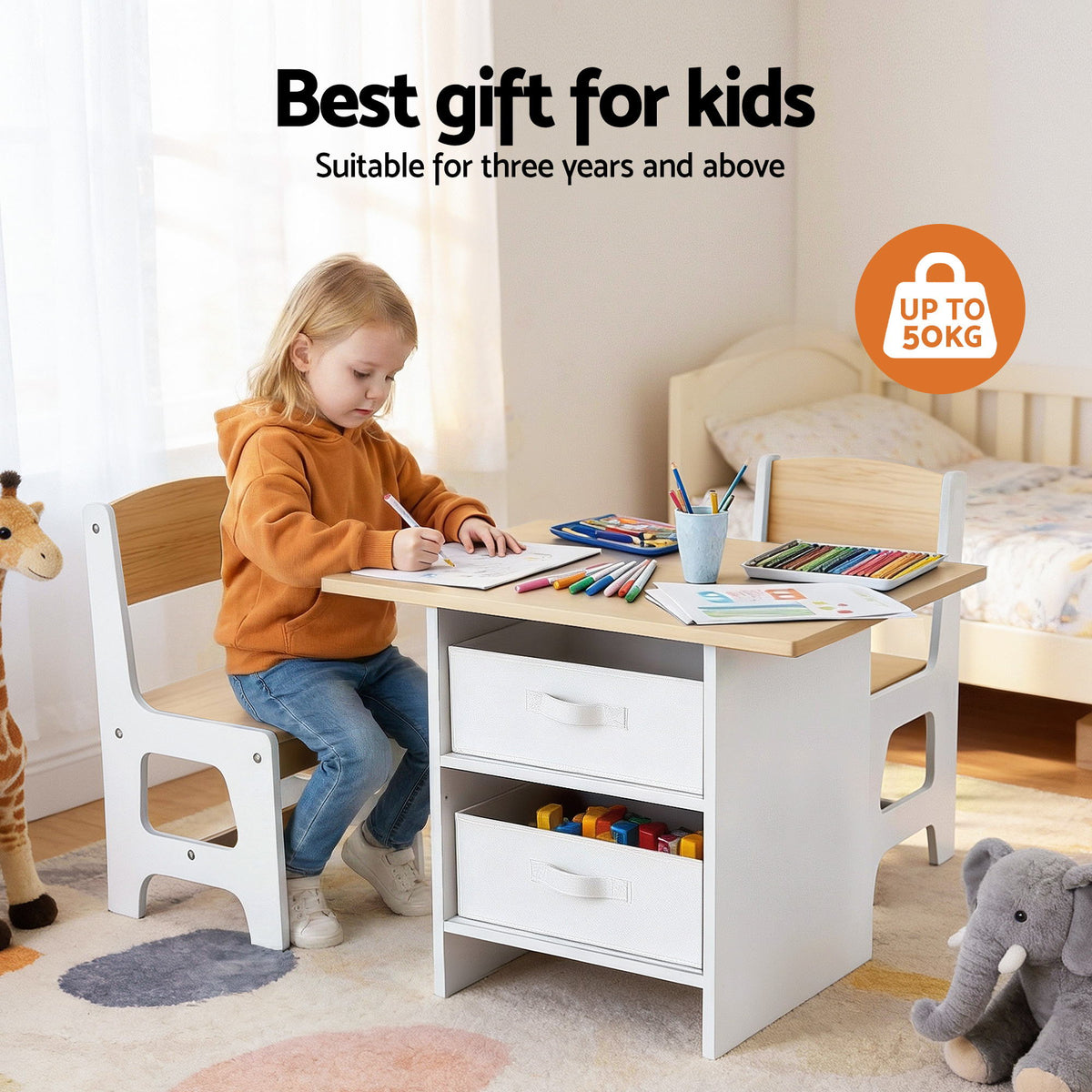 Keezi Kids Wooden Table and 2 Chairs Set with 2 Storage Drawers for Children