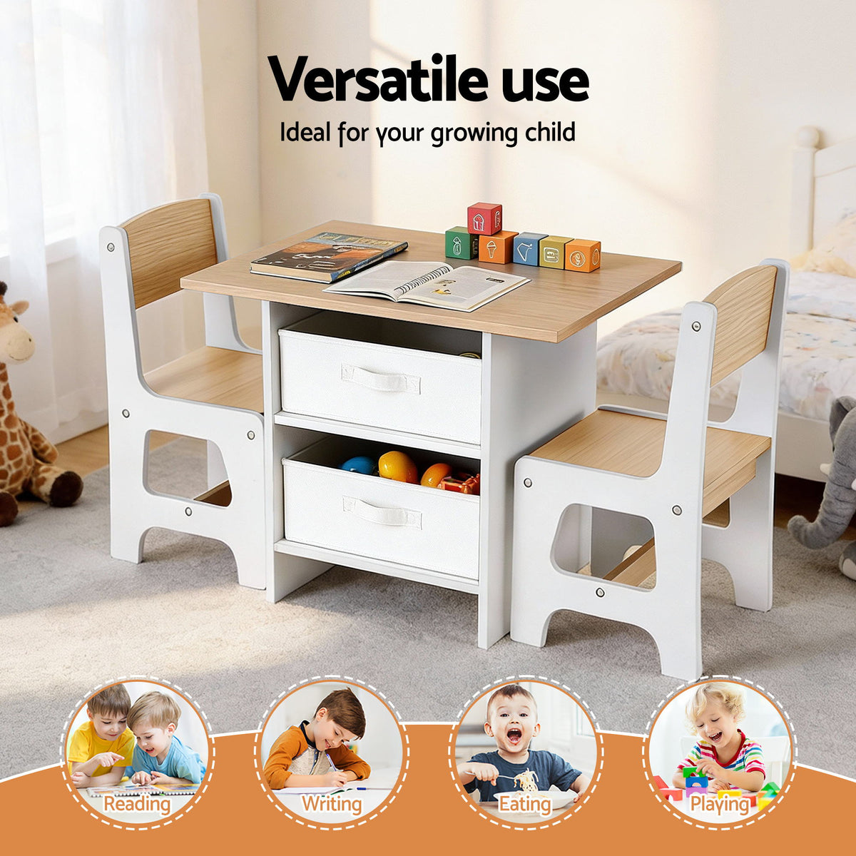 Keezi Kids Wooden Table and 2 Chairs Set with 2 Storage Drawers for Children