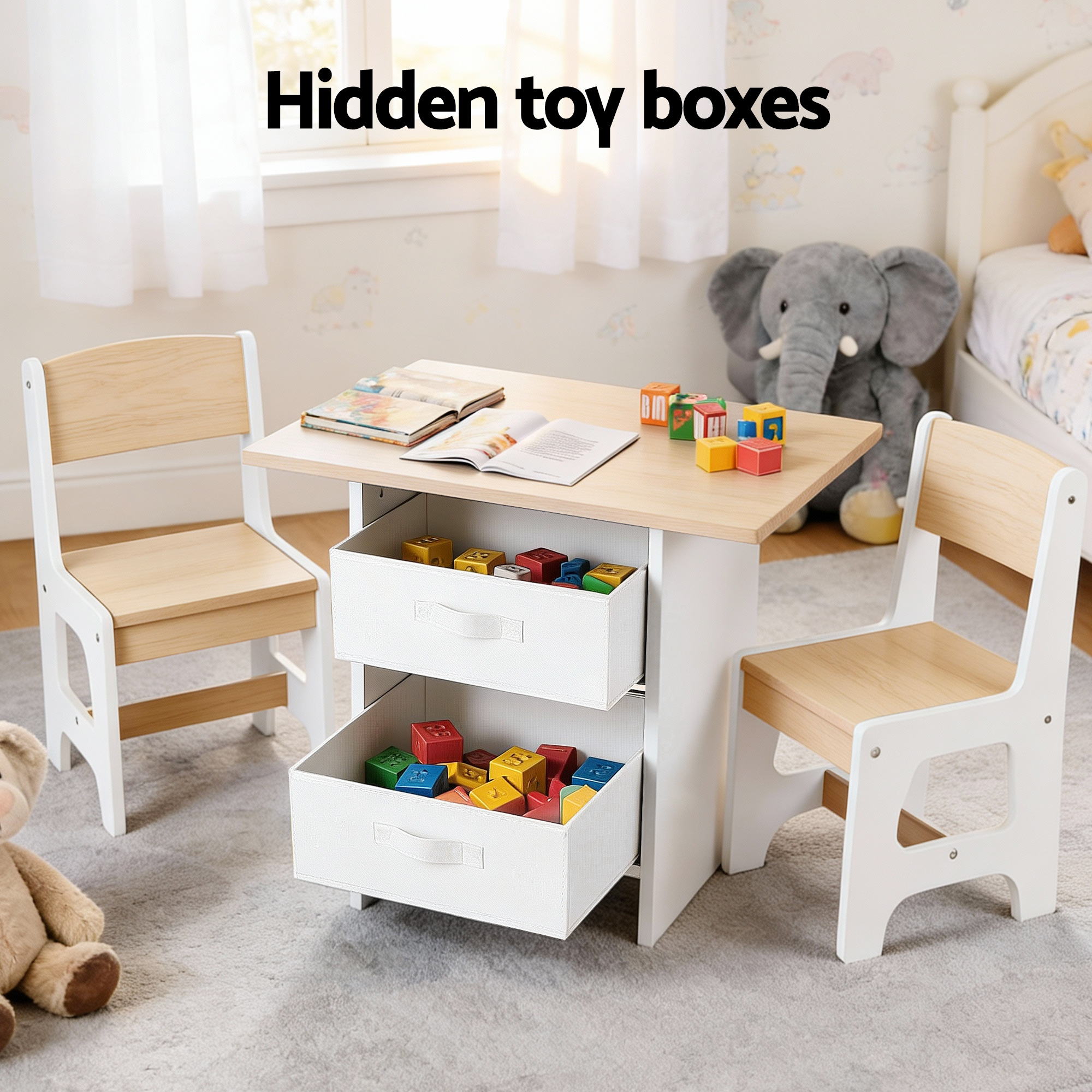 Keezi Kids Wooden Table and 2 Chairs Set with 2 Storage Drawers for Children