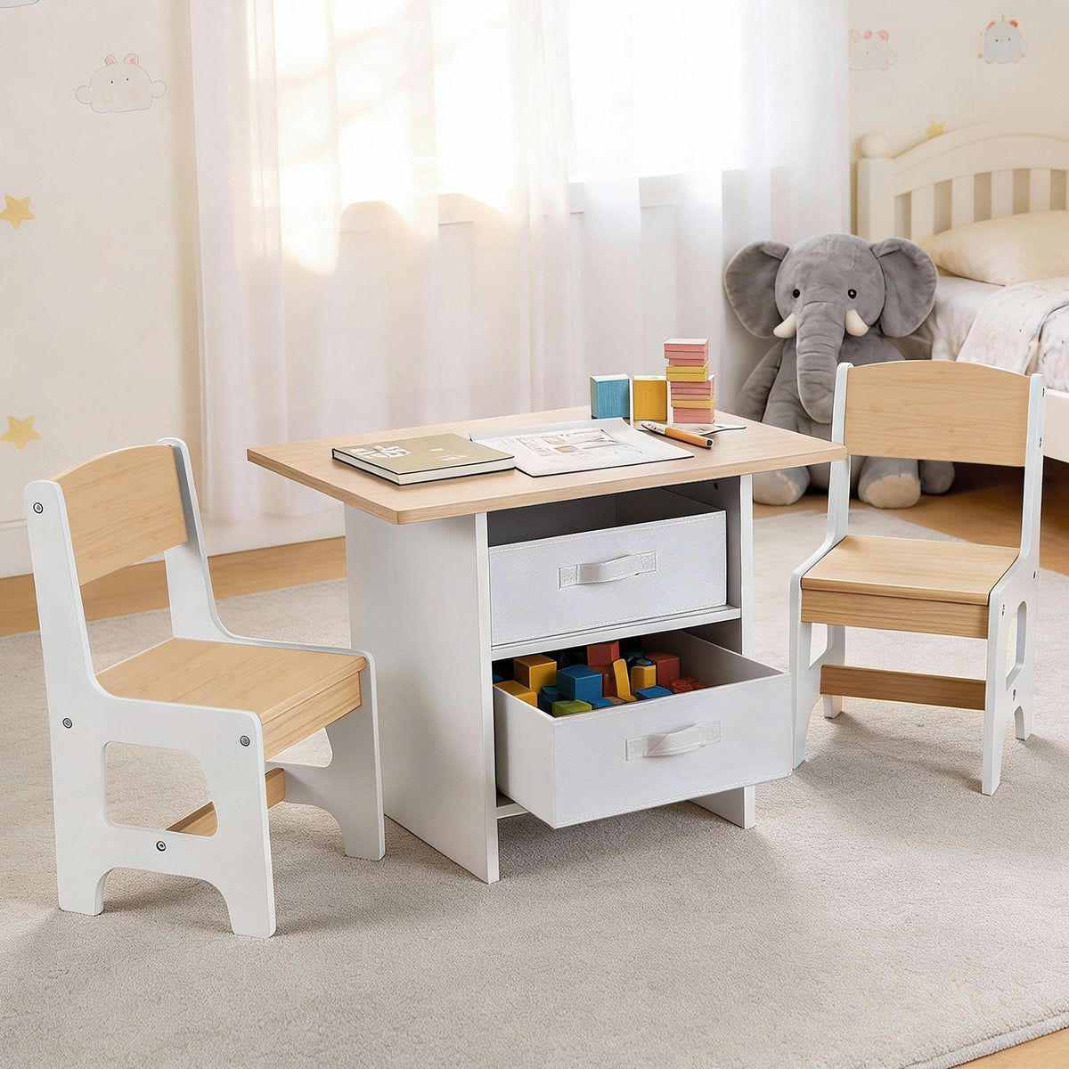 Keezi Kids Wooden Table and 2 Chairs Set with 2 Storage Drawers for Children