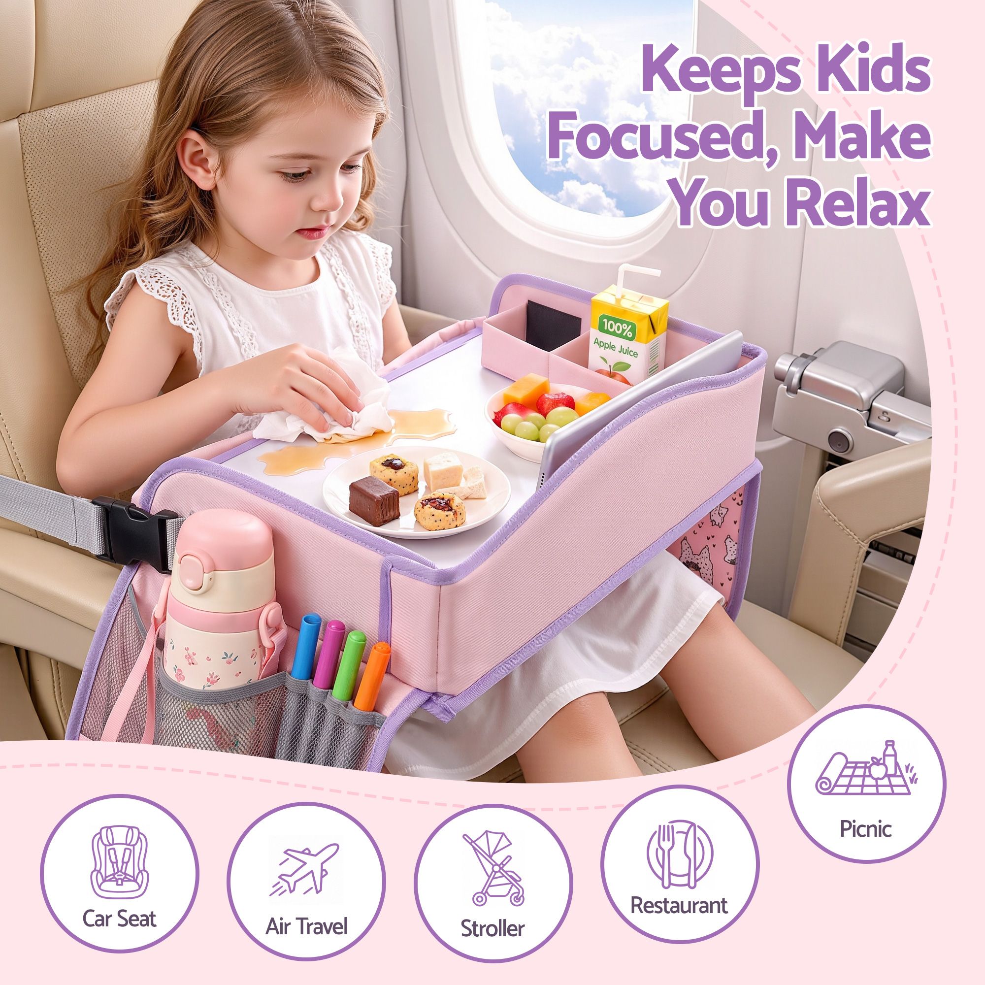 Keezi Kids Travel Tray Car Seat Lap Desk Portable Car Desk Organiser Pink