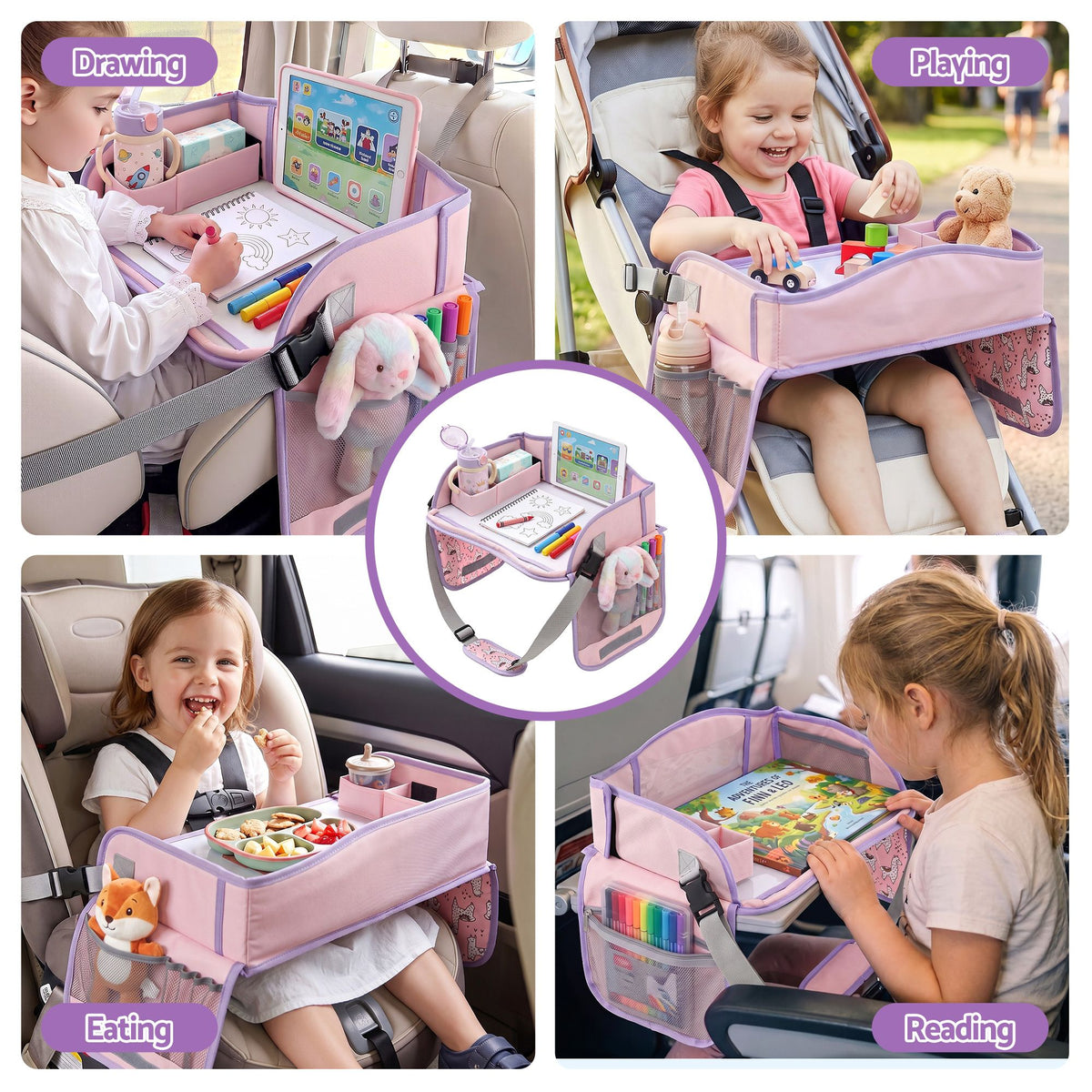 Keezi Kids Travel Tray Car Seat Lap Desk Portable Car Desk Organiser Pink