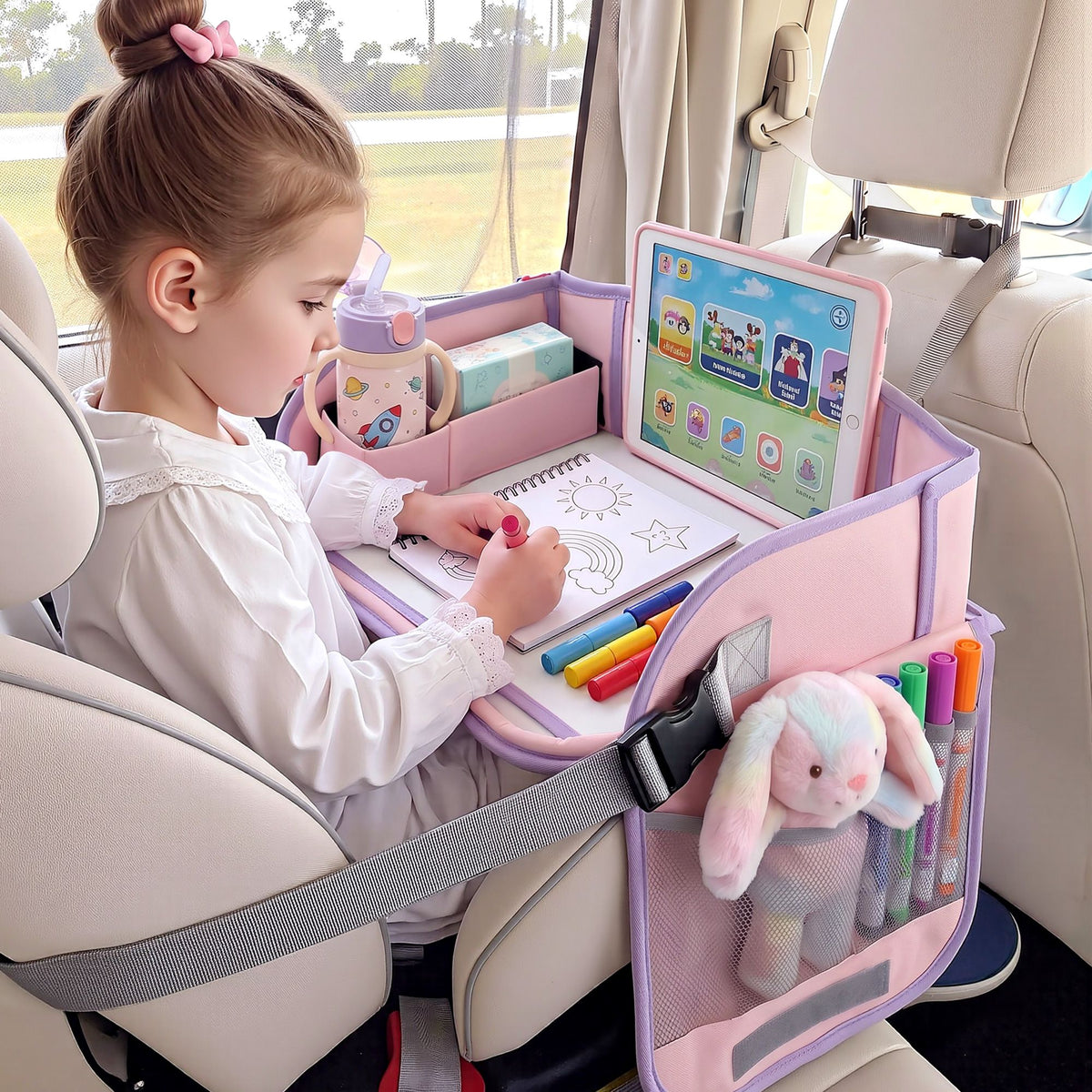 Keezi Kids Travel Tray Car Seat Lap Desk Portable Car Desk Organiser Pink