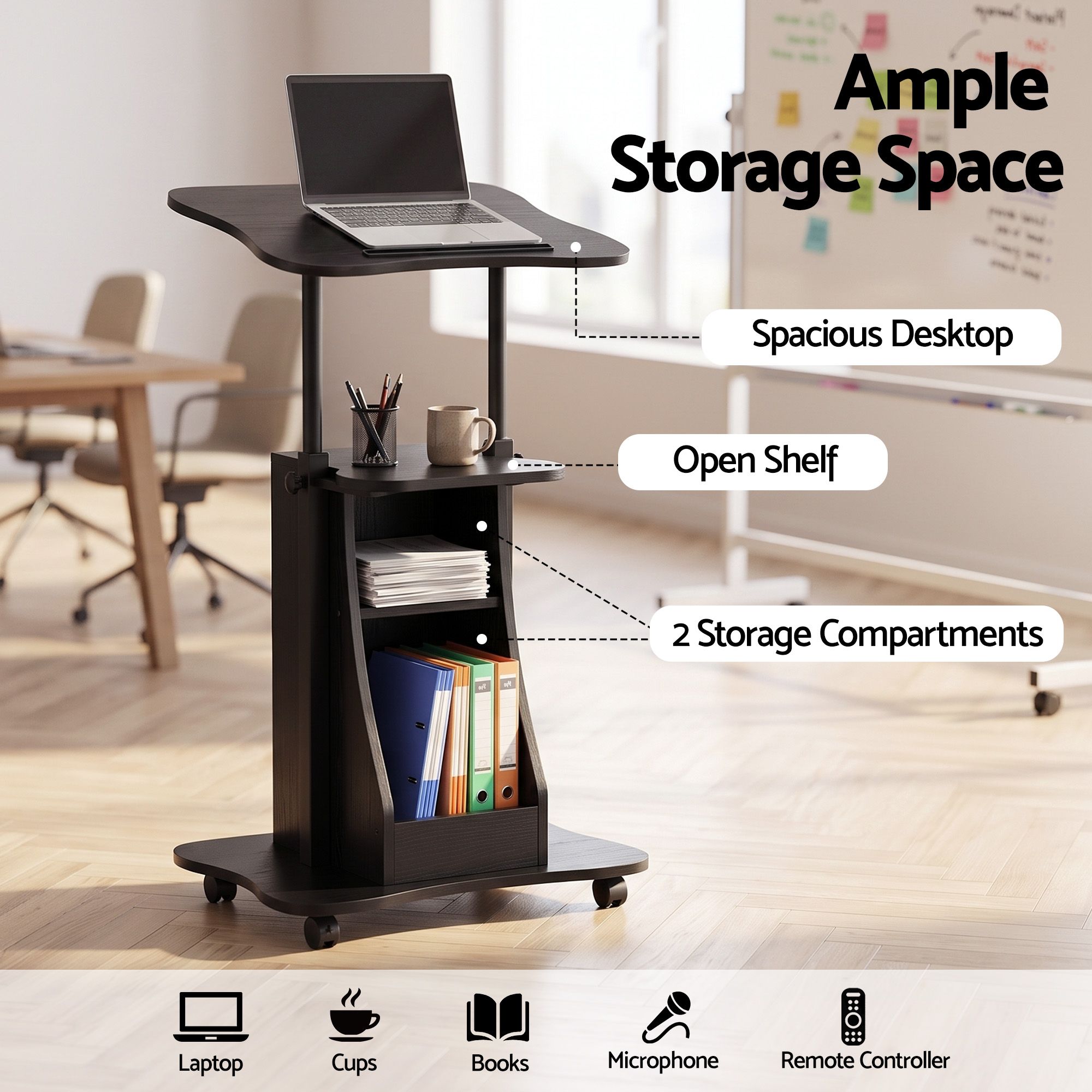 Artiss Mobile Podium Stand Lockable Wheels Height Adjustable Laptop Desk Black