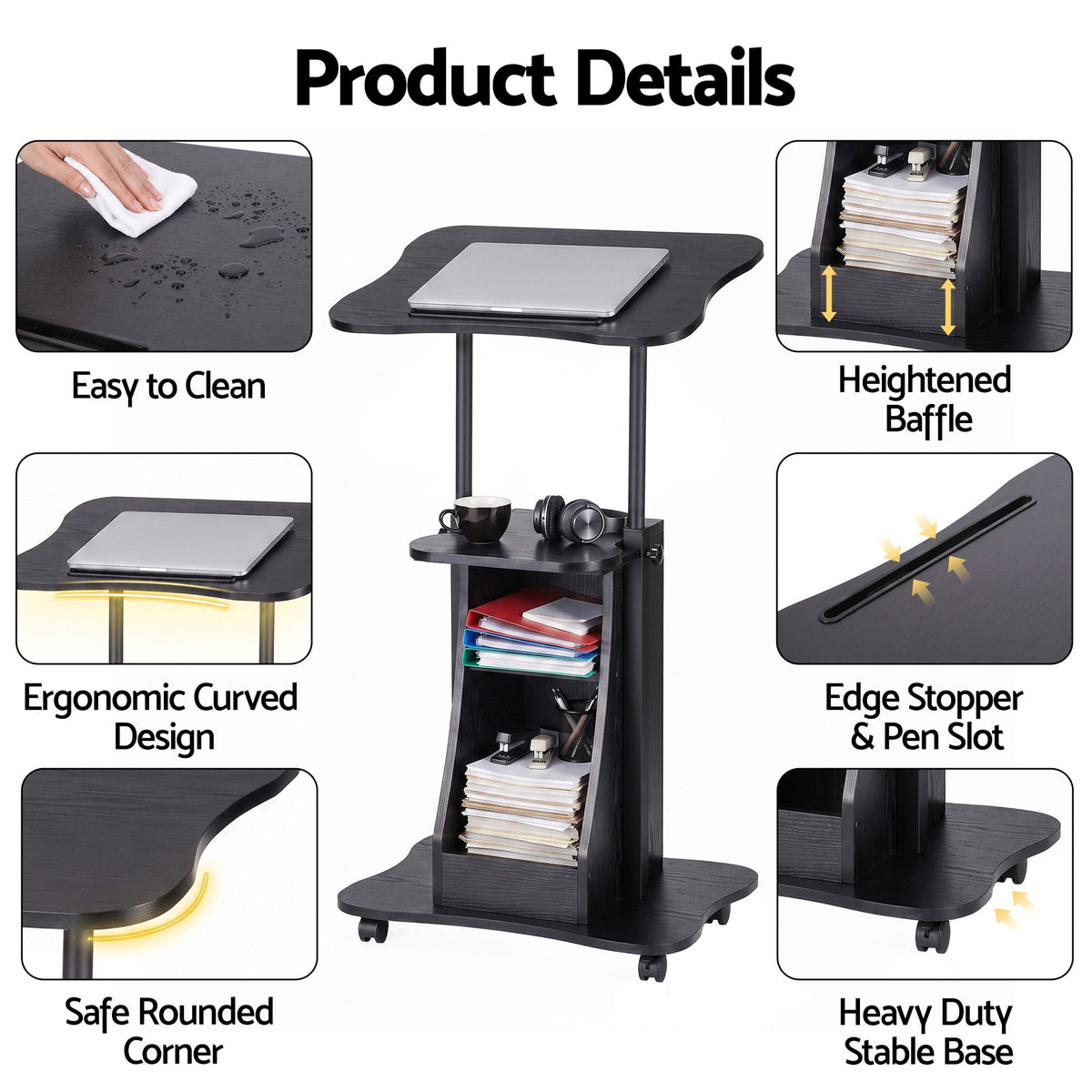 Artiss Mobile Podium Stand Lockable Wheels Height Adjustable Laptop Desk Black