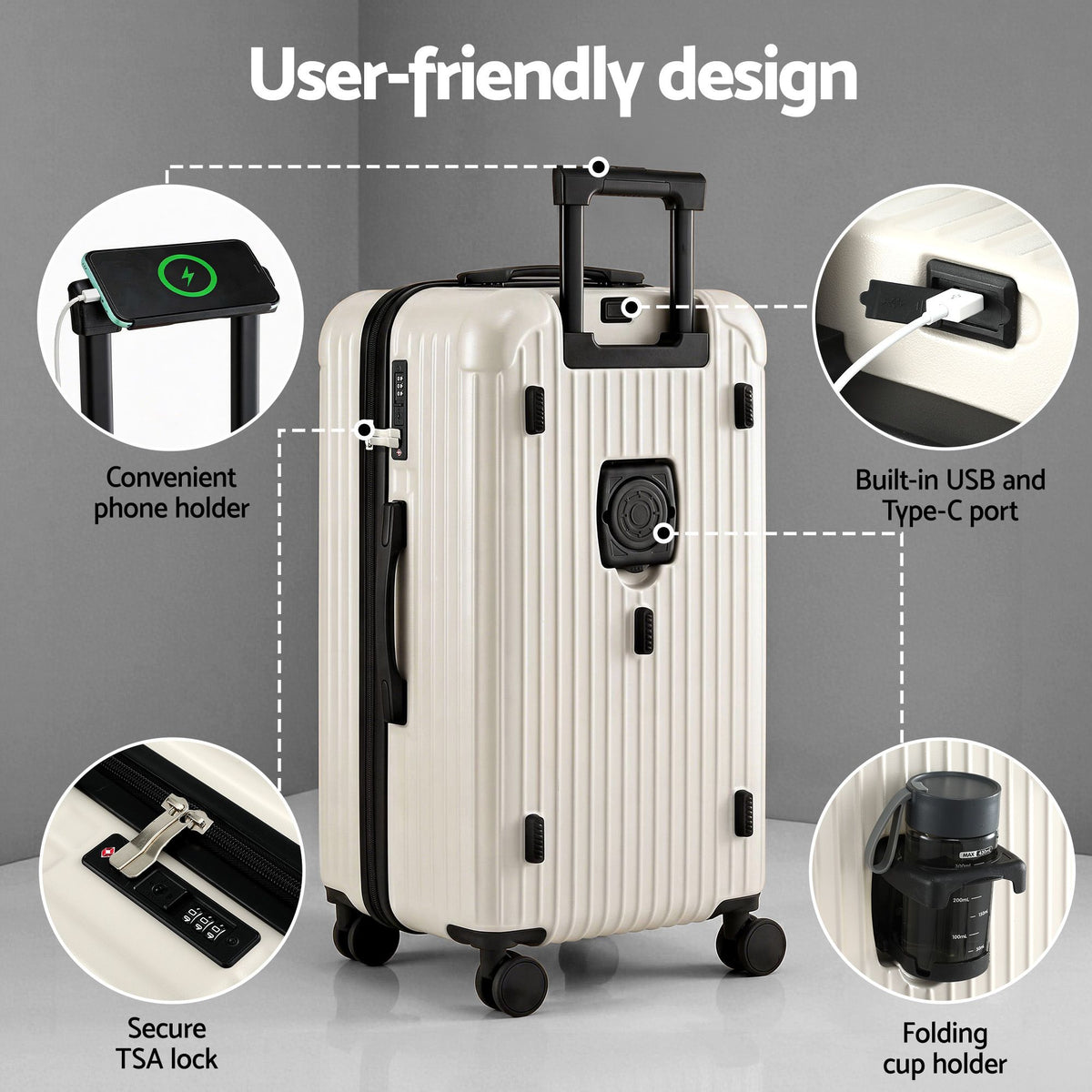 Wanderlite 28 Inch Trunk Luggage Suitcase 5 Wheels TSA Type-C Smoky White