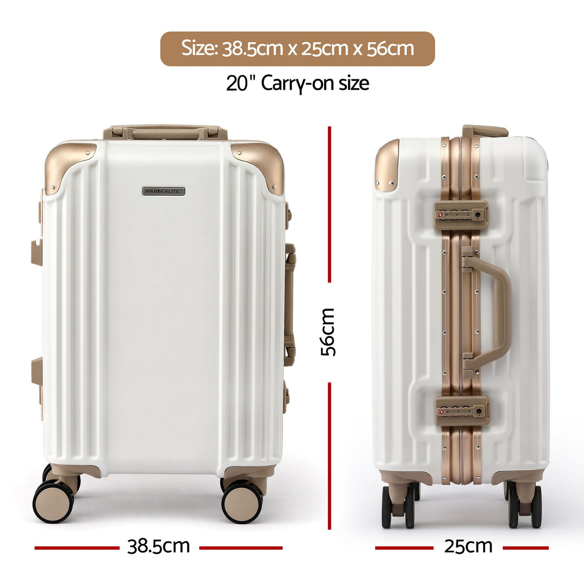 Wanderlite 20" Aluminium Carry On Luggage TSA Lock Spinner Wheels White Gold