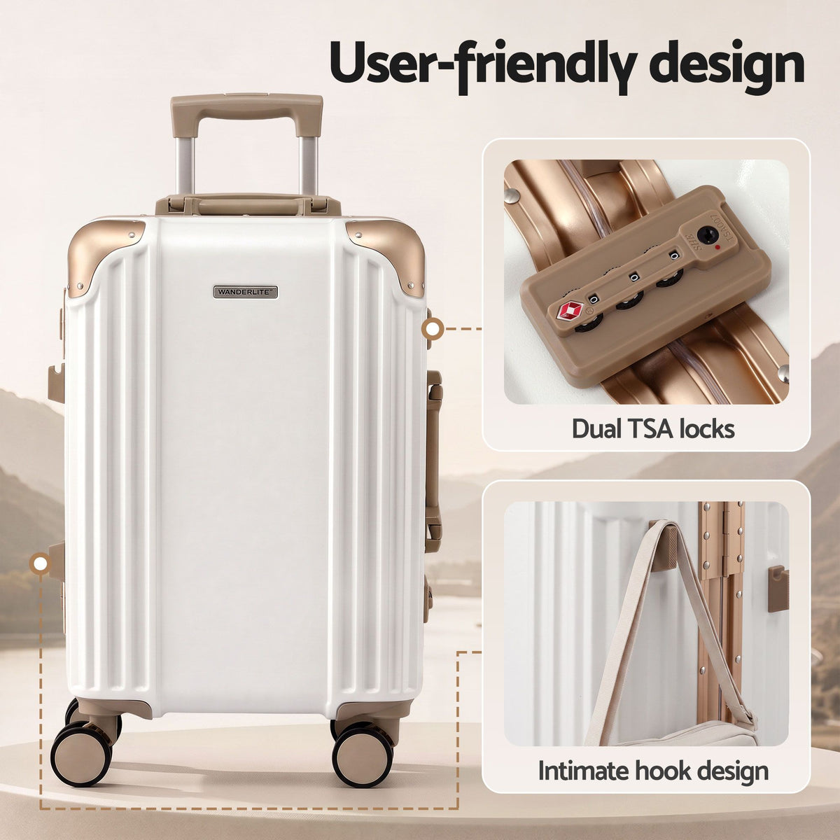 Wanderlite 20" Aluminium Carry On Luggage TSA Lock Spinner Wheels White Gold
