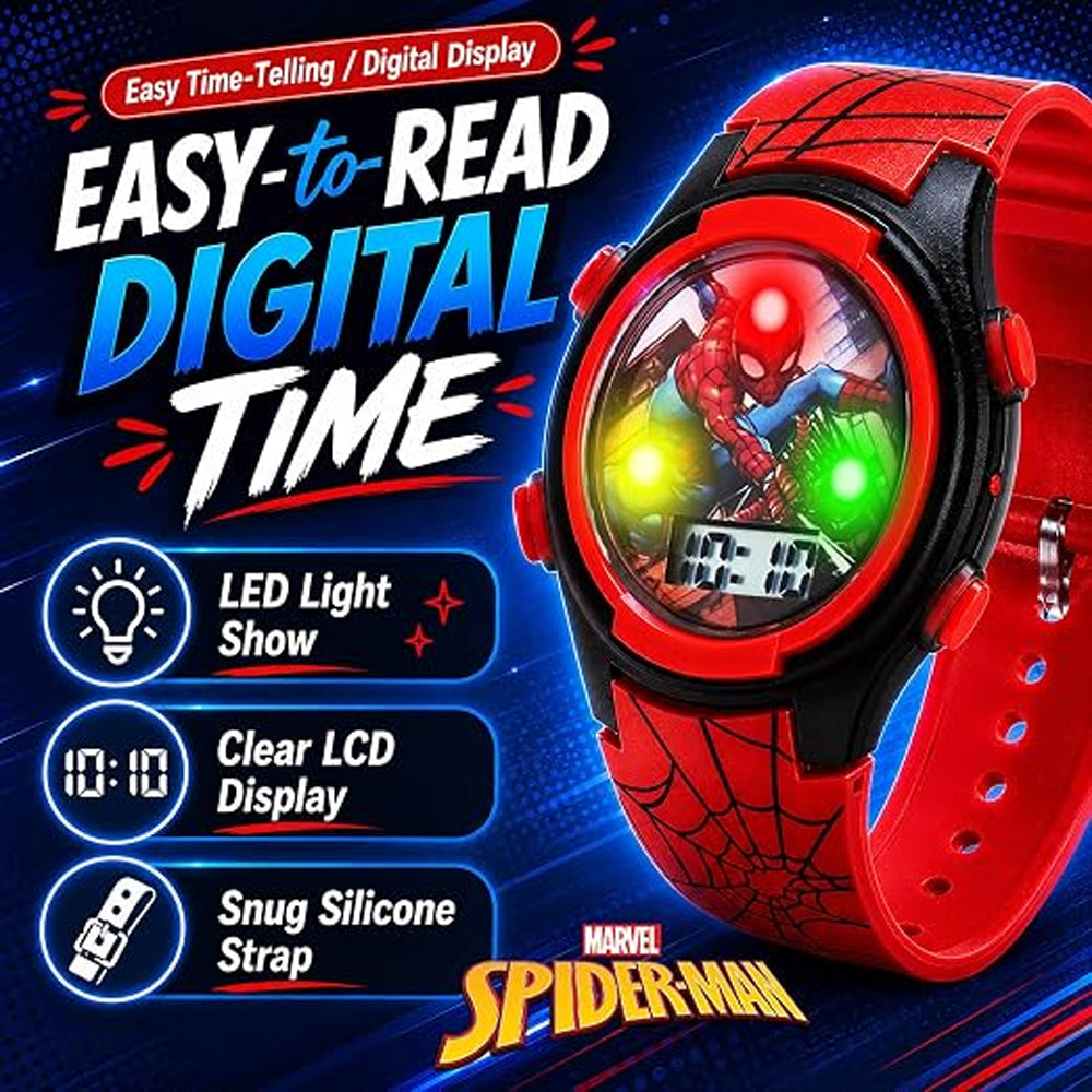 Marvel SpiderMan Kid Digital Watch LED Light Up Adjustable Strap Tin