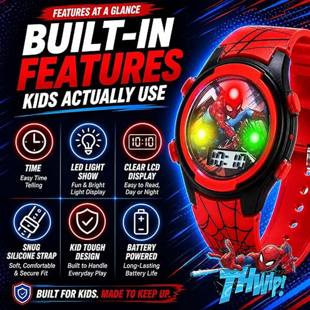 Marvel SpiderMan Kid Digital Watch LED Light Up Adjustable Strap Tin