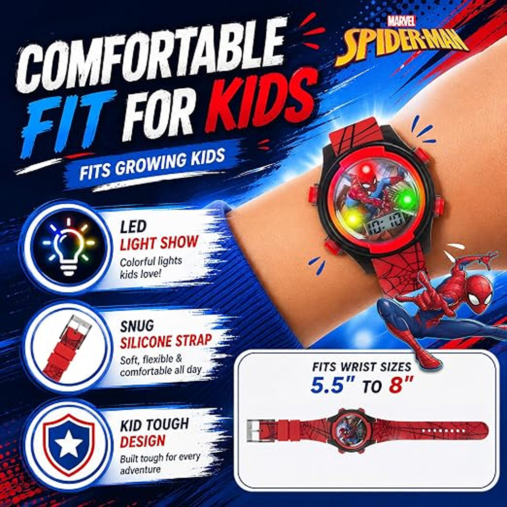 Marvel SpiderMan Kid Digital Watch LED Light Up Adjustable Strap Tin