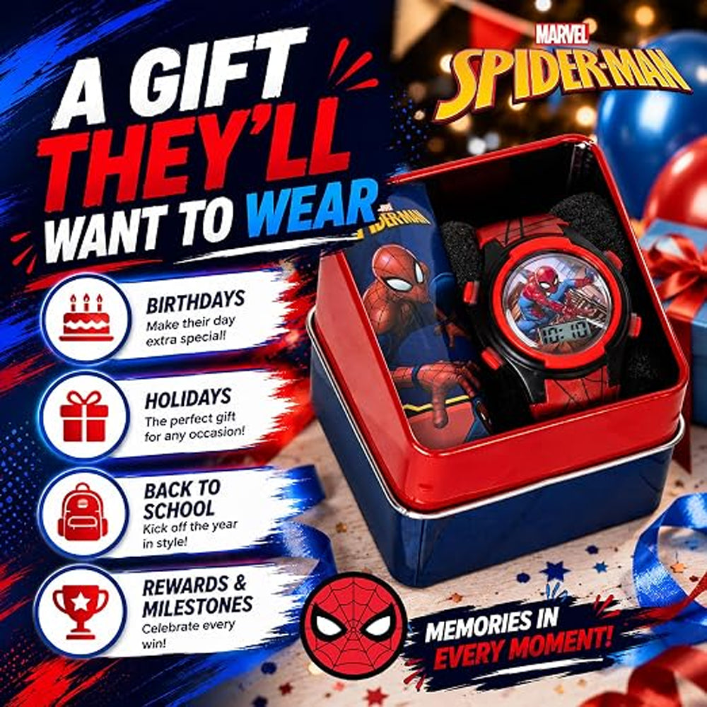 Marvel SpiderMan Kid Digital Watch LED Light Up Adjustable Strap Tin