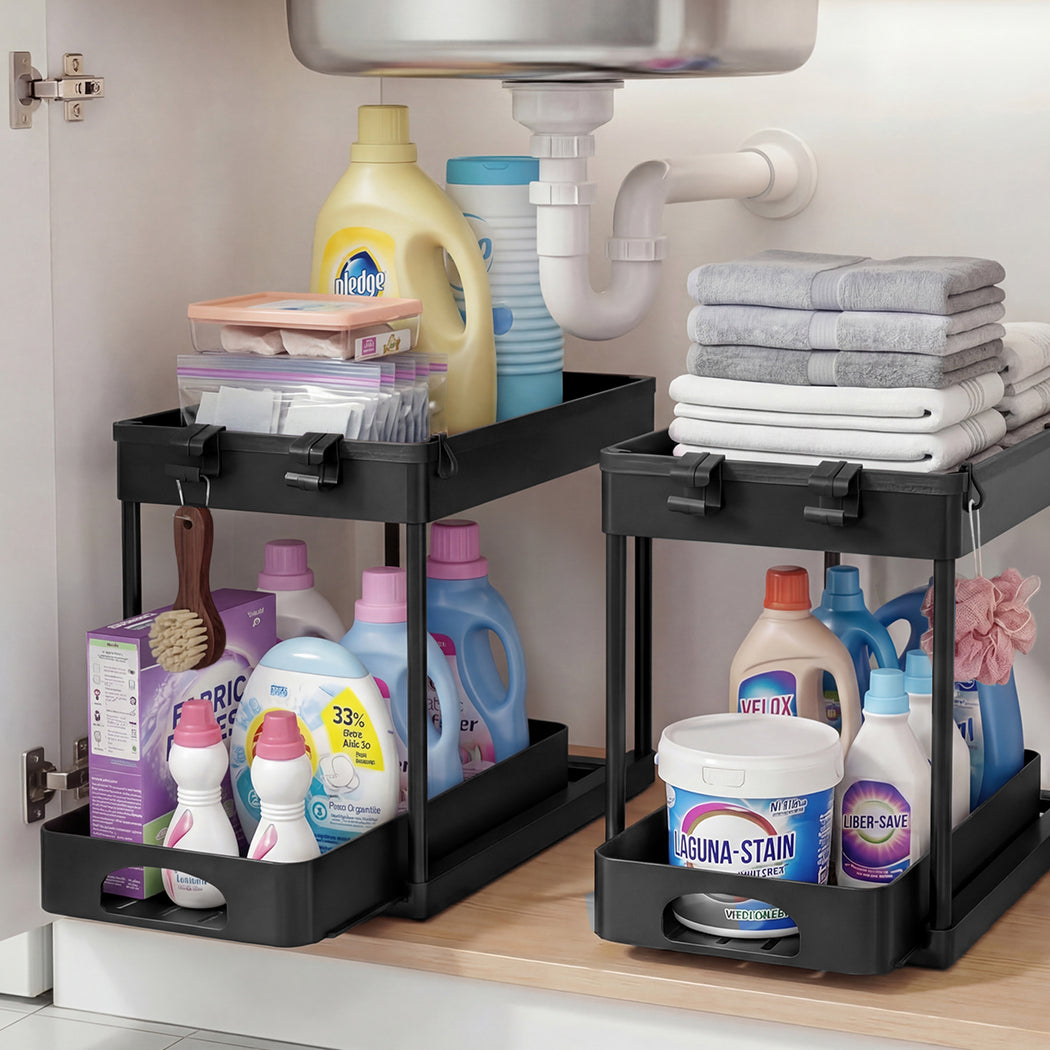 Toque 2 x Under Sink Organizer 2 Tiers Storage Sliding Drainage Kitchen Bathroom-2065254301634269190
