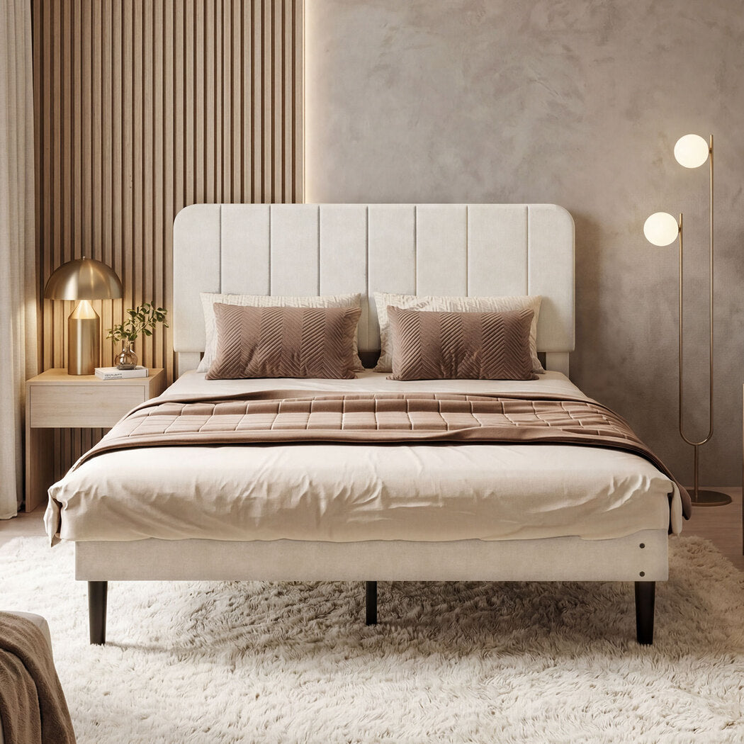 Levede Double Bed Frame Upholstered Adjustable Headboard Bed Platform White-2065254299478396934