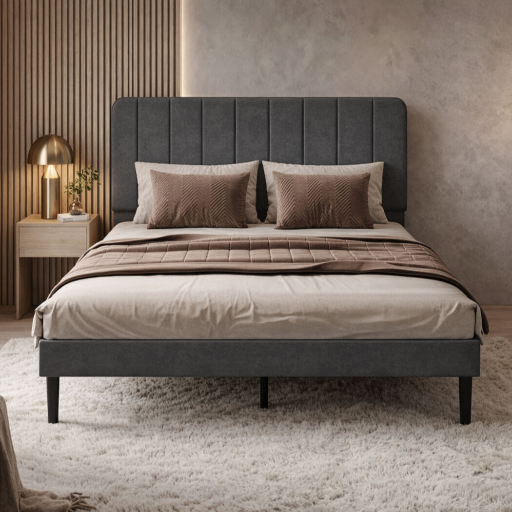 Levede Double Bed Frame Upholstered Adjustable Headboard Bed Platform Dark Grey-2050056771191574534
