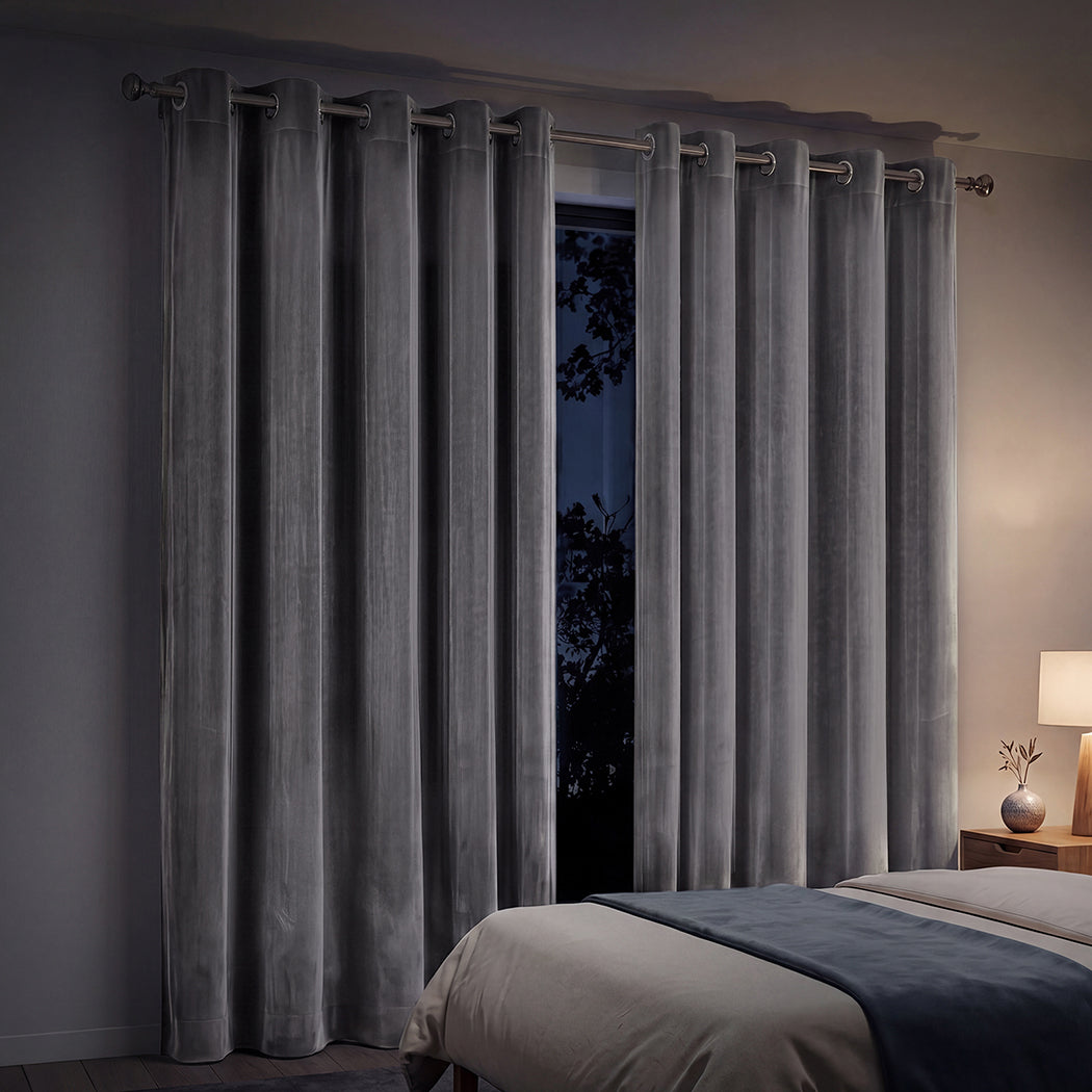 Marlow Blackout Curtains 2 Panels Velvet Room Darkening Eyelet Curtains Grey-2072893567990370310