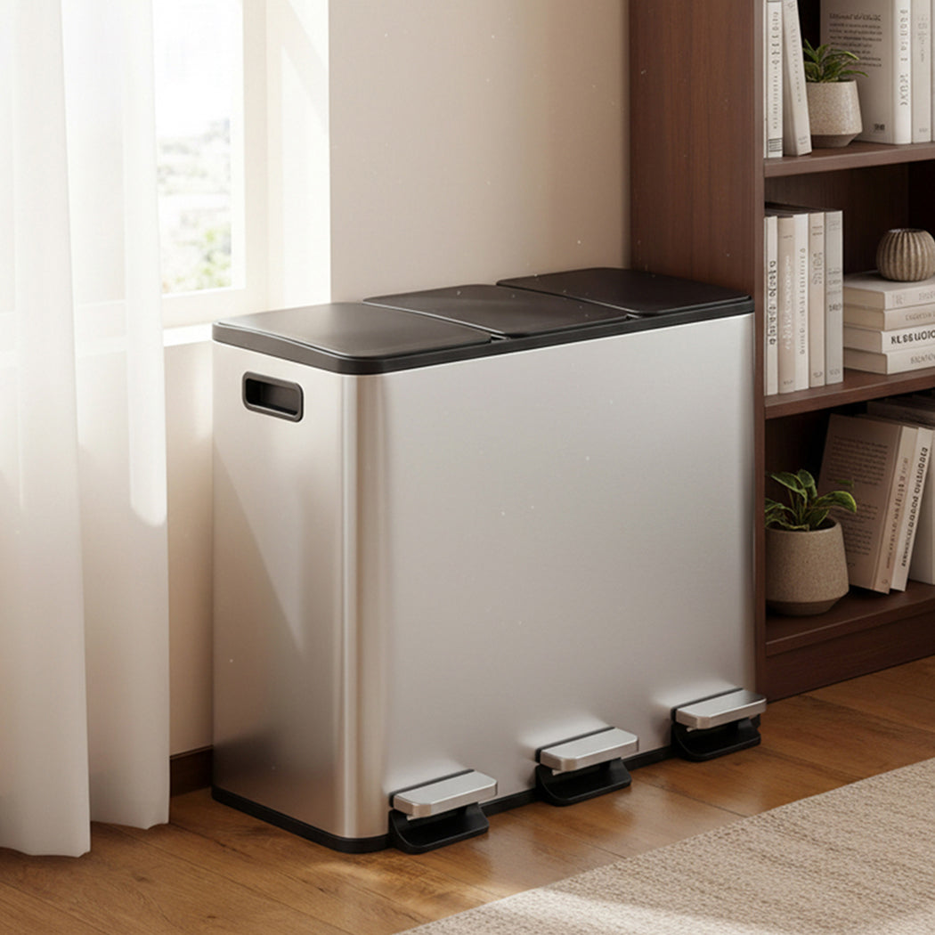 Toque Pedal Rubbish Bin Kitchen Trash Can Stainless Steel 3 x 18L Waterproof-2050056777290092550