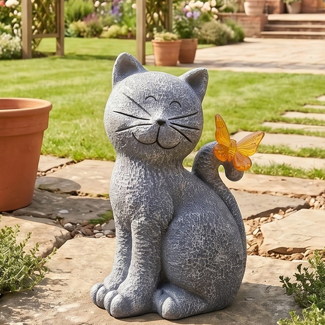 Emitto Solar Cat Butterfly Garden Statue LED Light Resin Outdoor Garden Decor-2072893540177940486
