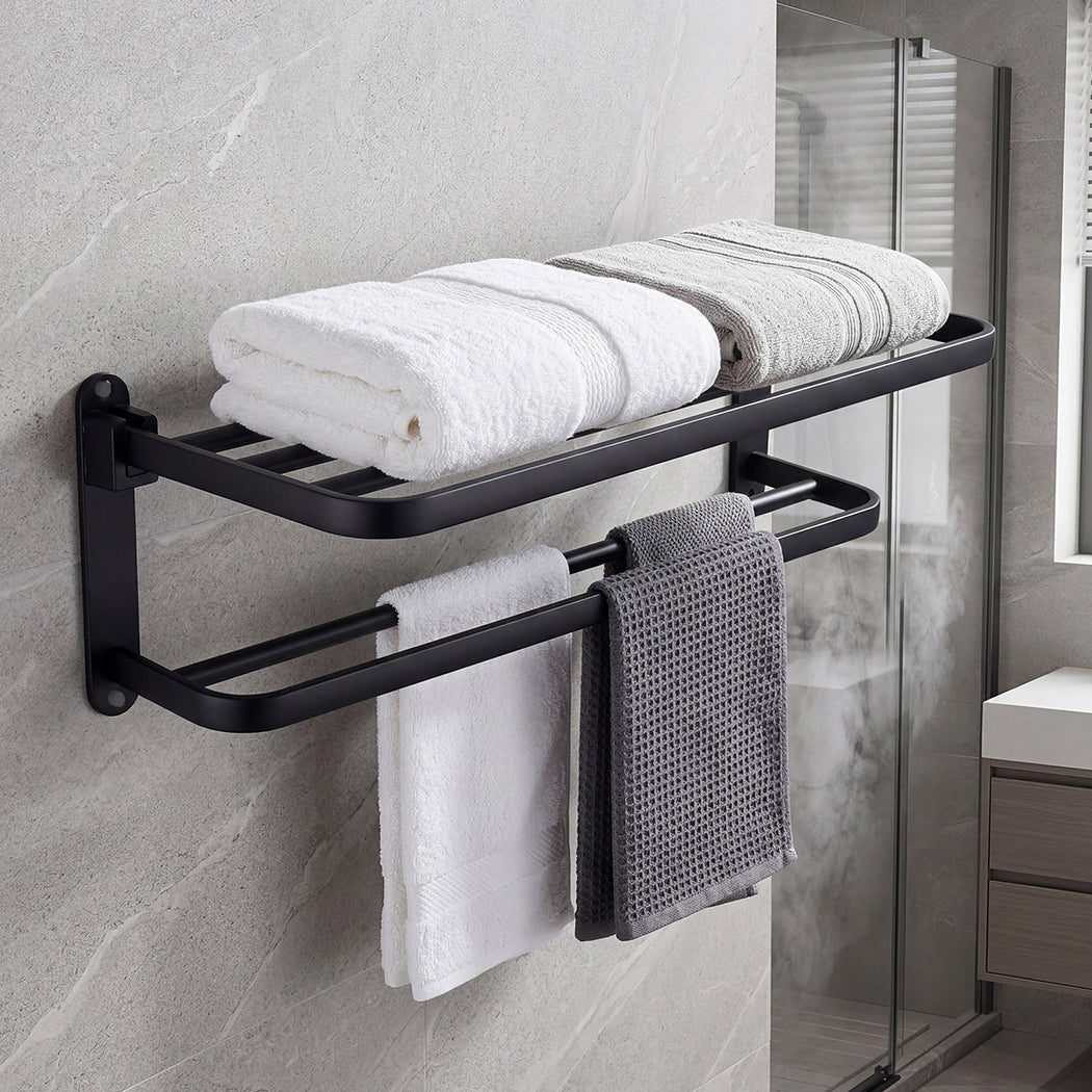 Levede Towel Rack Bathroom 2 Bars Rail Holder Wall Mounted Storage Shelf Black-2050059022438109190