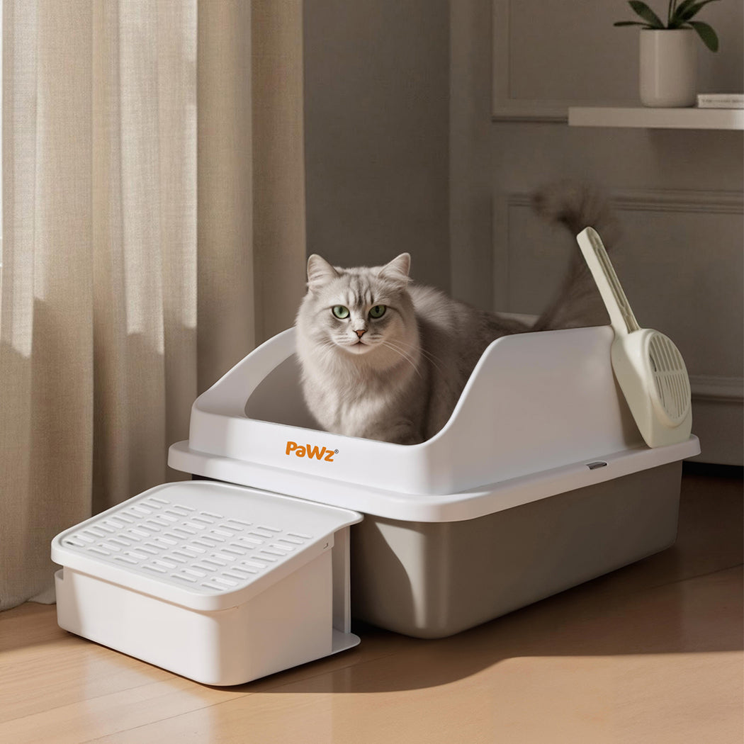 Pawz Stainless Steel Cat Litter Box Big Cats Kitten High Sided Easy Clean White-2065254294571061254