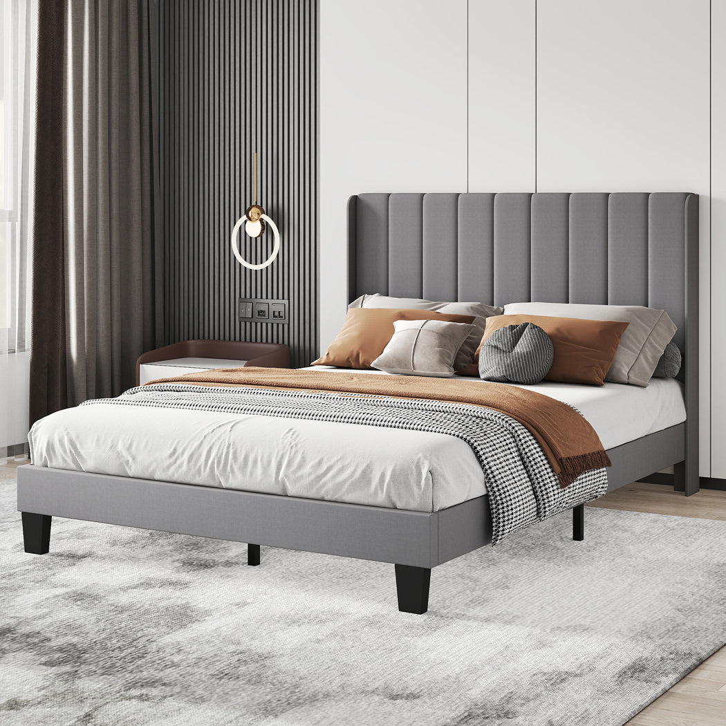 Levede Metal Wooden Bed Frame Double Panel Plush Upholstered Soft Headboard Grey-2065254298467569671