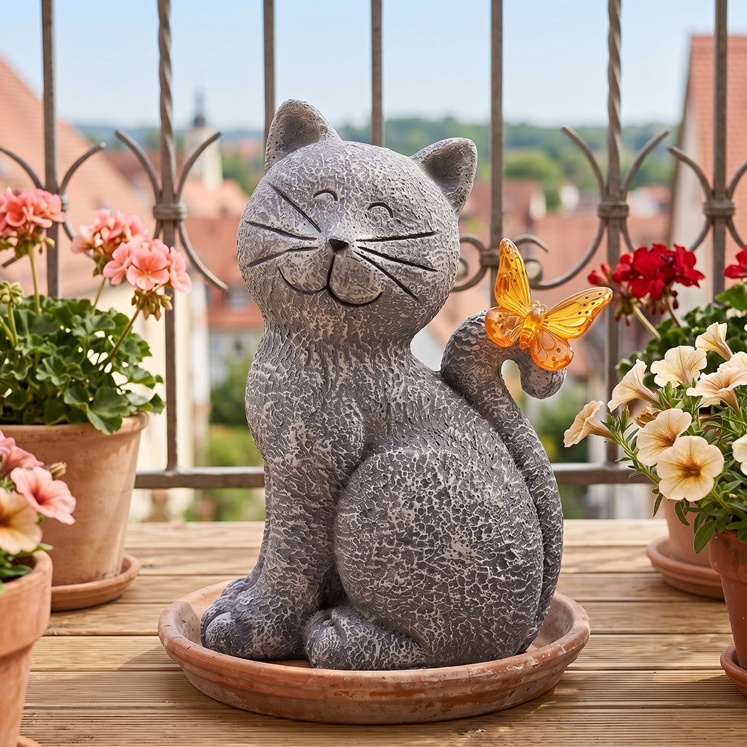 Emitto Solar Cat Butterfly Garden Statue LED Light Resin Outdoor Garden Decor-2072893540177940487