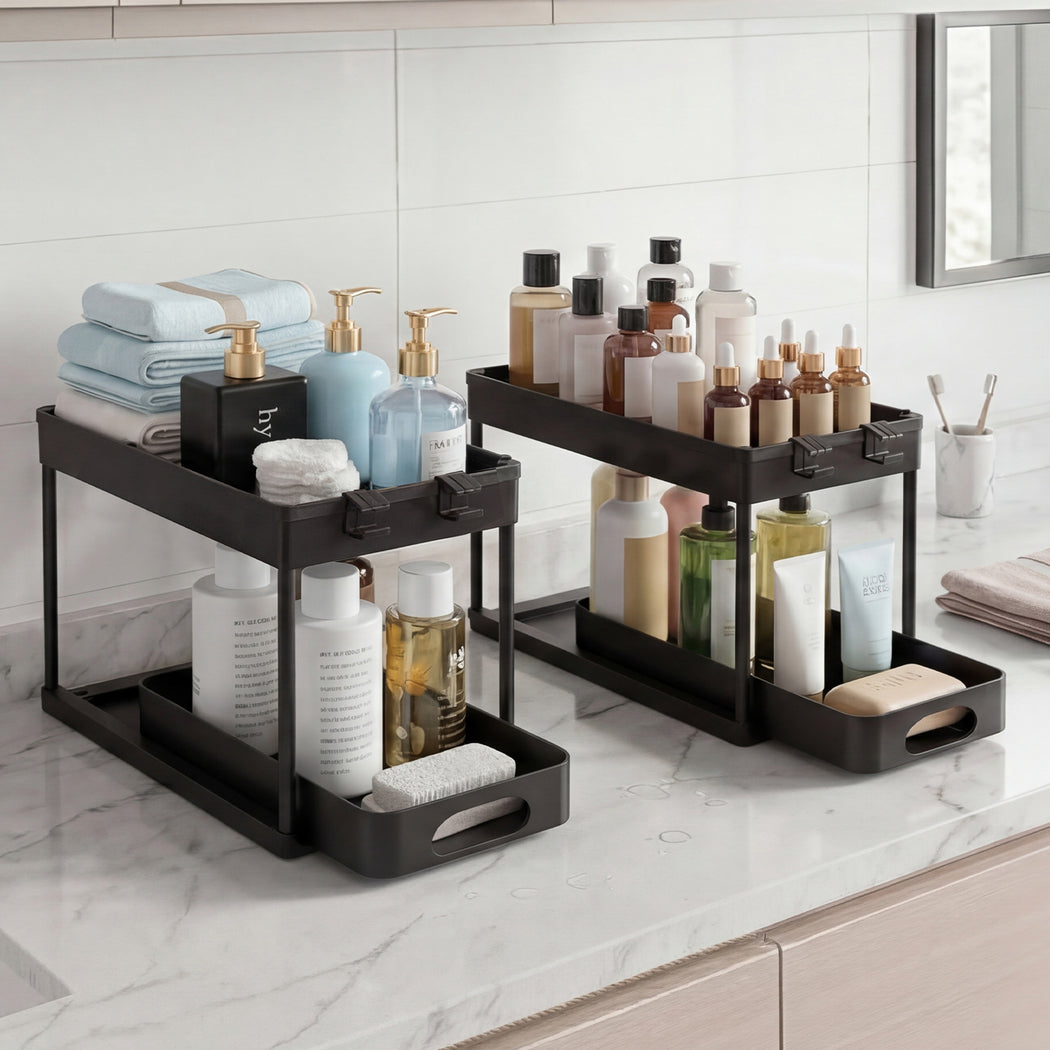 Toque 2 x Under Sink Organizer 2 Tiers Storage Sliding Drainage Kitchen Bathroom-2065254301634269191