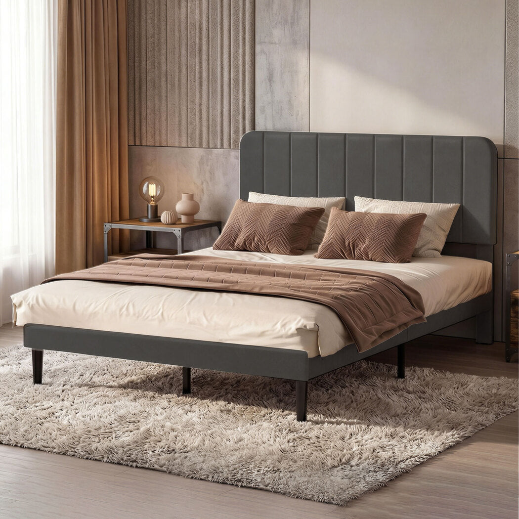 Levede Double Bed Frame Upholstered Adjustable Headboard Bed Platform Dark Grey-2050056771191574535