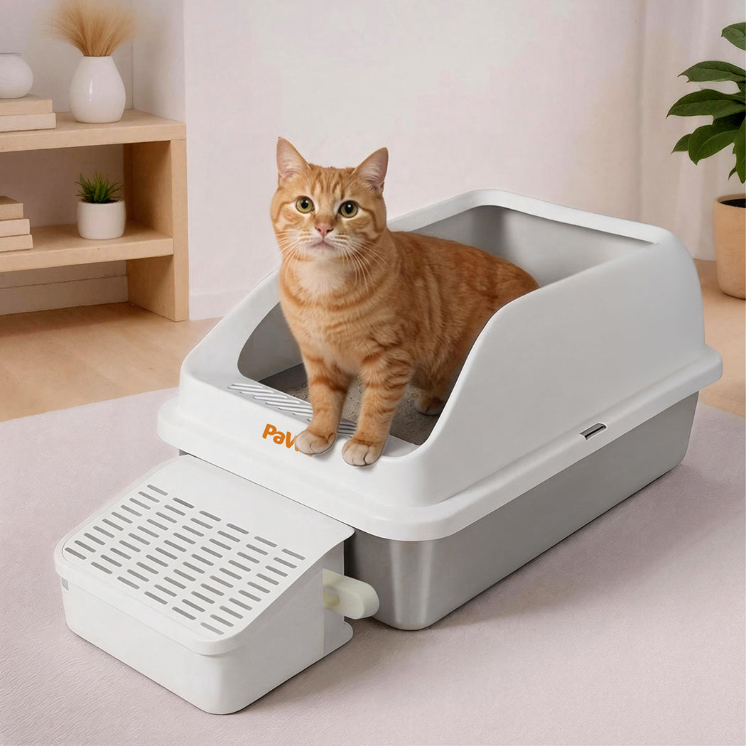 Pawz Stainless Steel Cat Litter Box Big Cats Kitten High Sided Easy Clean White-2065254294571061255