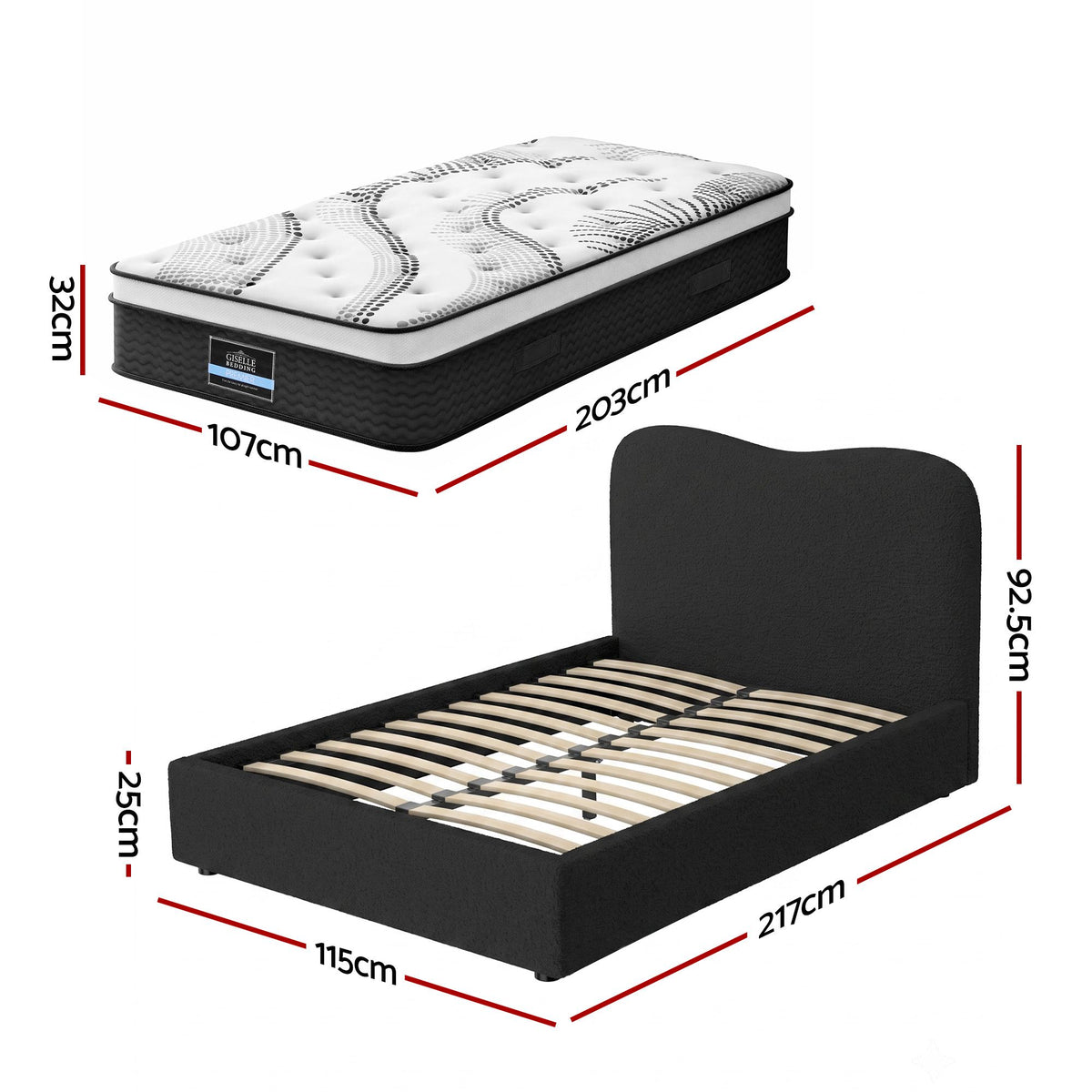 Giselle 32cm Euro Top King Single Mattress 5-Zone & Artiss Boucle Bed Frame Set