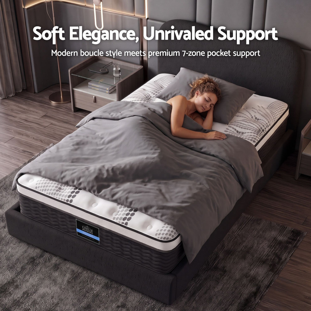 Giselle 32cm Euro Top King Single Mattress 5-Zone & Artiss Boucle Bed Frame Set