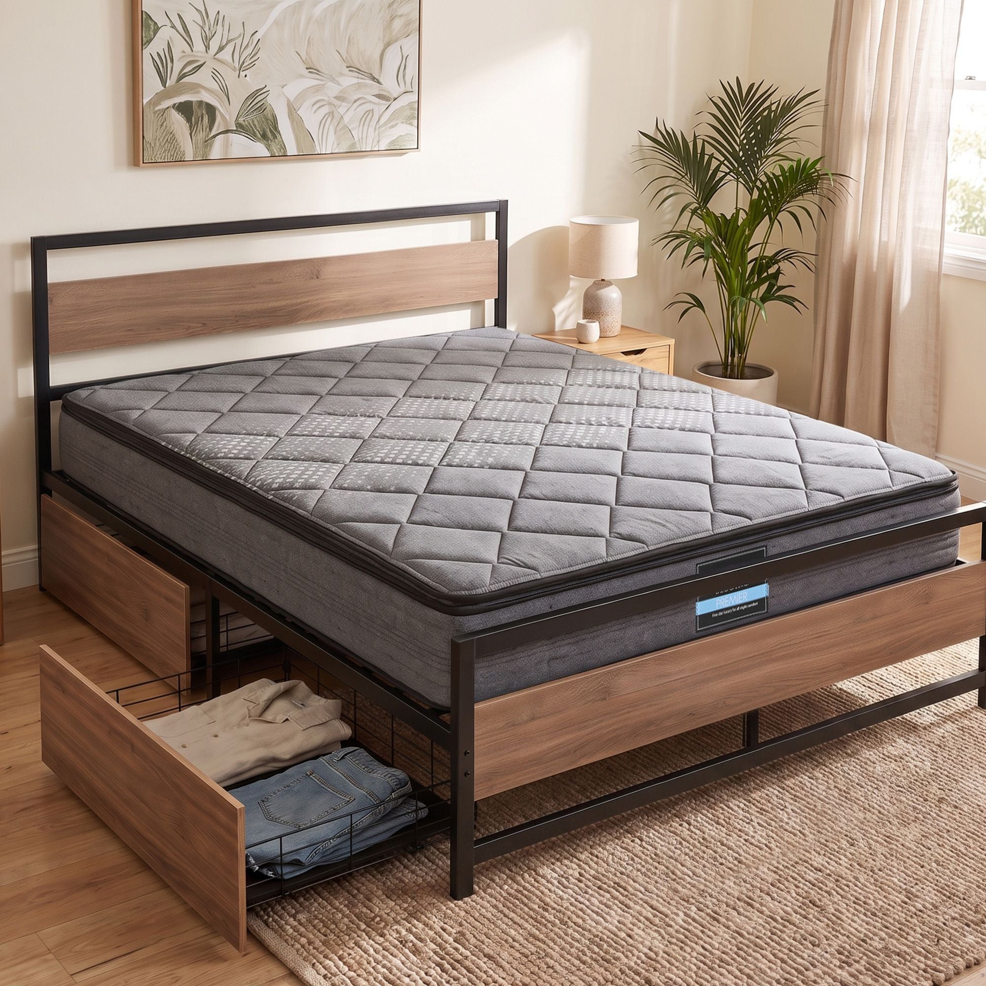 Giselle 18cm Queen Mattress Pillowtop & Artiss Metal Bed Frame Set w/ 2 Drawers