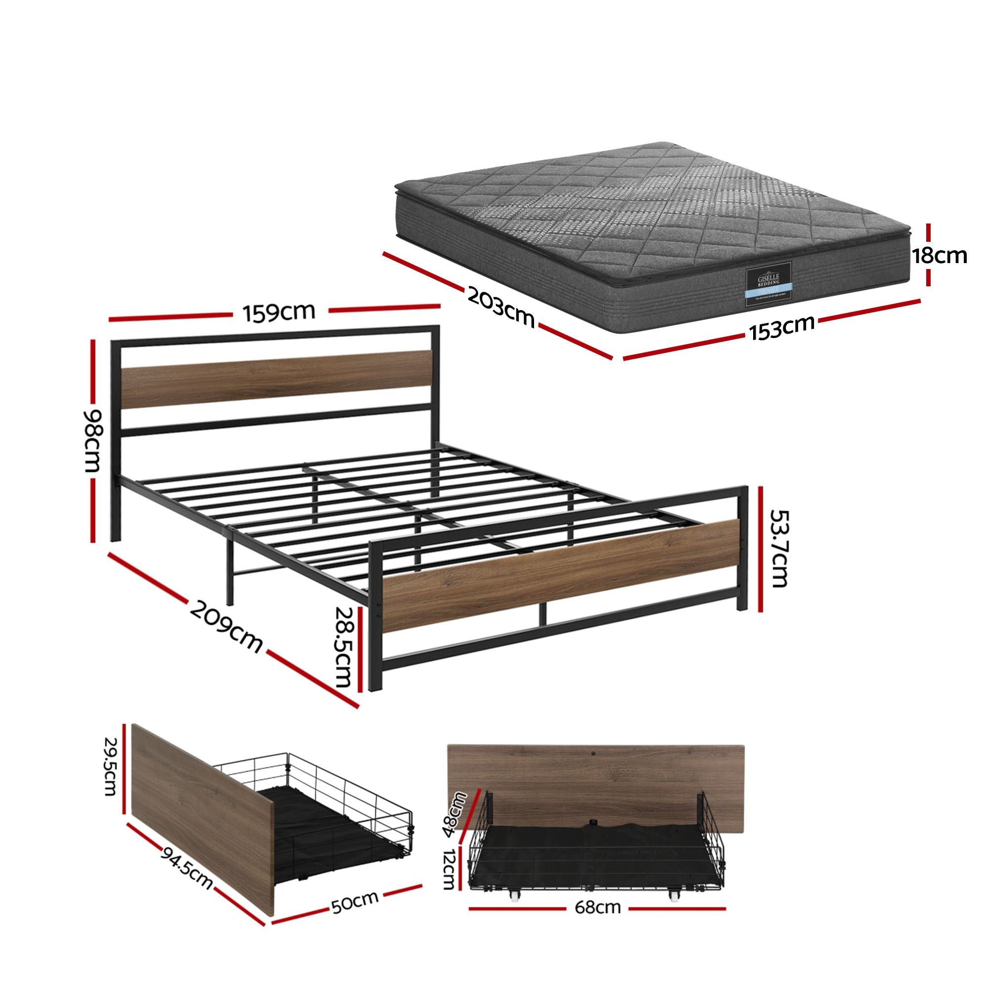 Giselle 18cm Queen Mattress Pillowtop & Artiss Metal Bed Frame Set w/ 2 Drawers