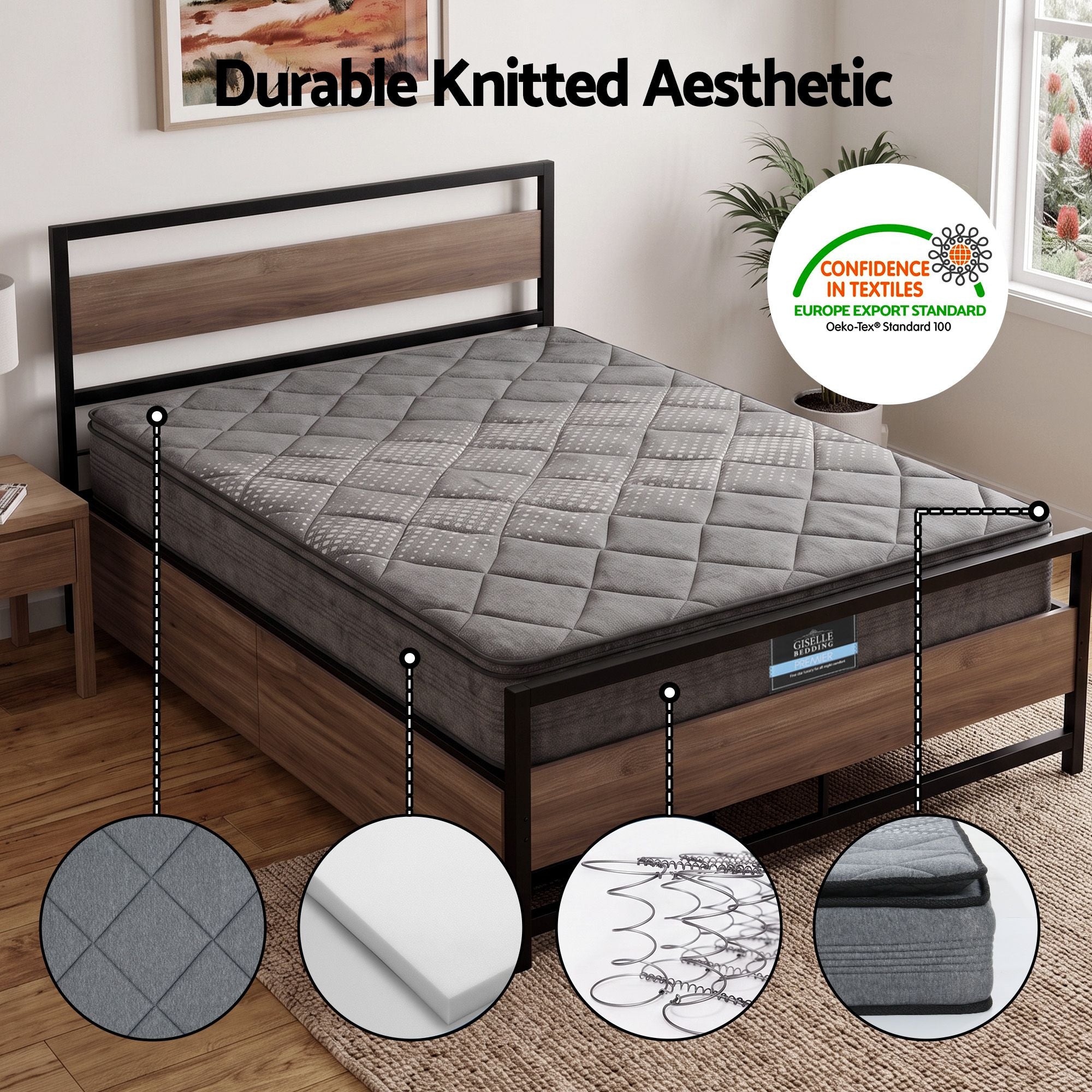 Giselle 18cm Queen Mattress Pillowtop & Artiss Metal Bed Frame Set w/ 2 Drawers