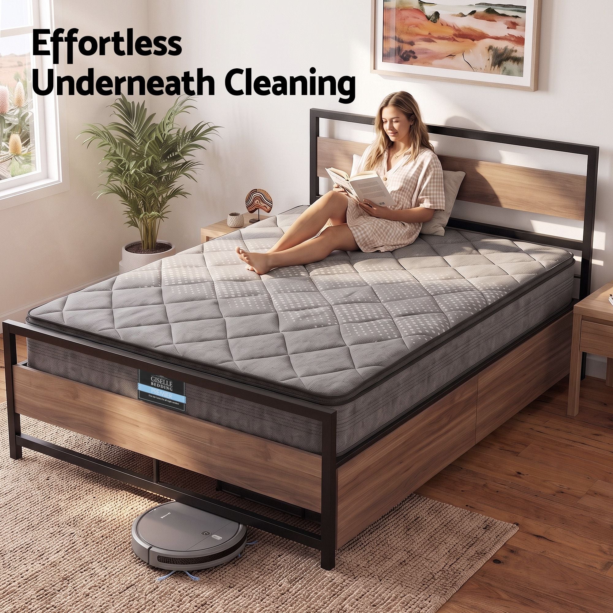 Giselle 18cm Queen Mattress Pillowtop & Artiss Metal Bed Frame Set w/ 2 Drawers