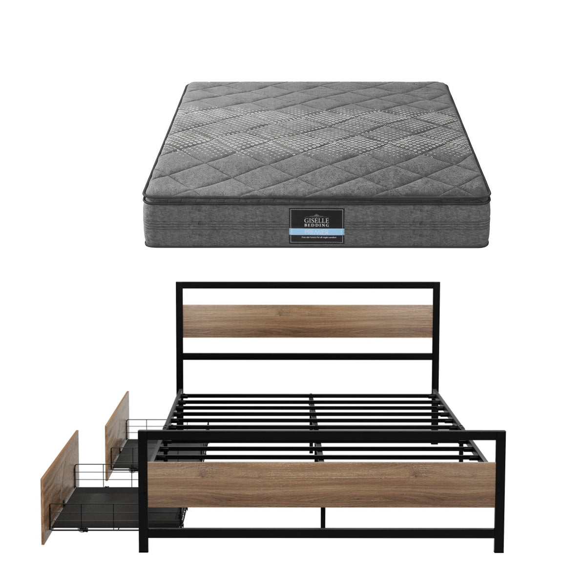 Giselle 18cm Queen Mattress Pillowtop & Artiss Metal Bed Frame Set w/ 2 Drawers