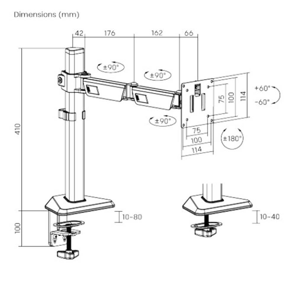 Brateck Amethyst Articulating Gaming Monitor Arm Matte Black 17 to 40 Inch 12 KG VESA 75x75 100x100