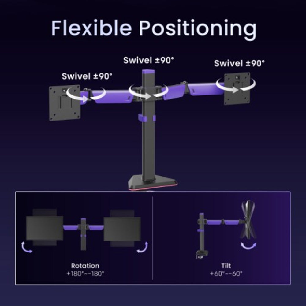 Brateck Matte Black Amethyst Articulating Gaming Dual Monitor Arm Fits 17 to 32 Inch 12kg Per Screen